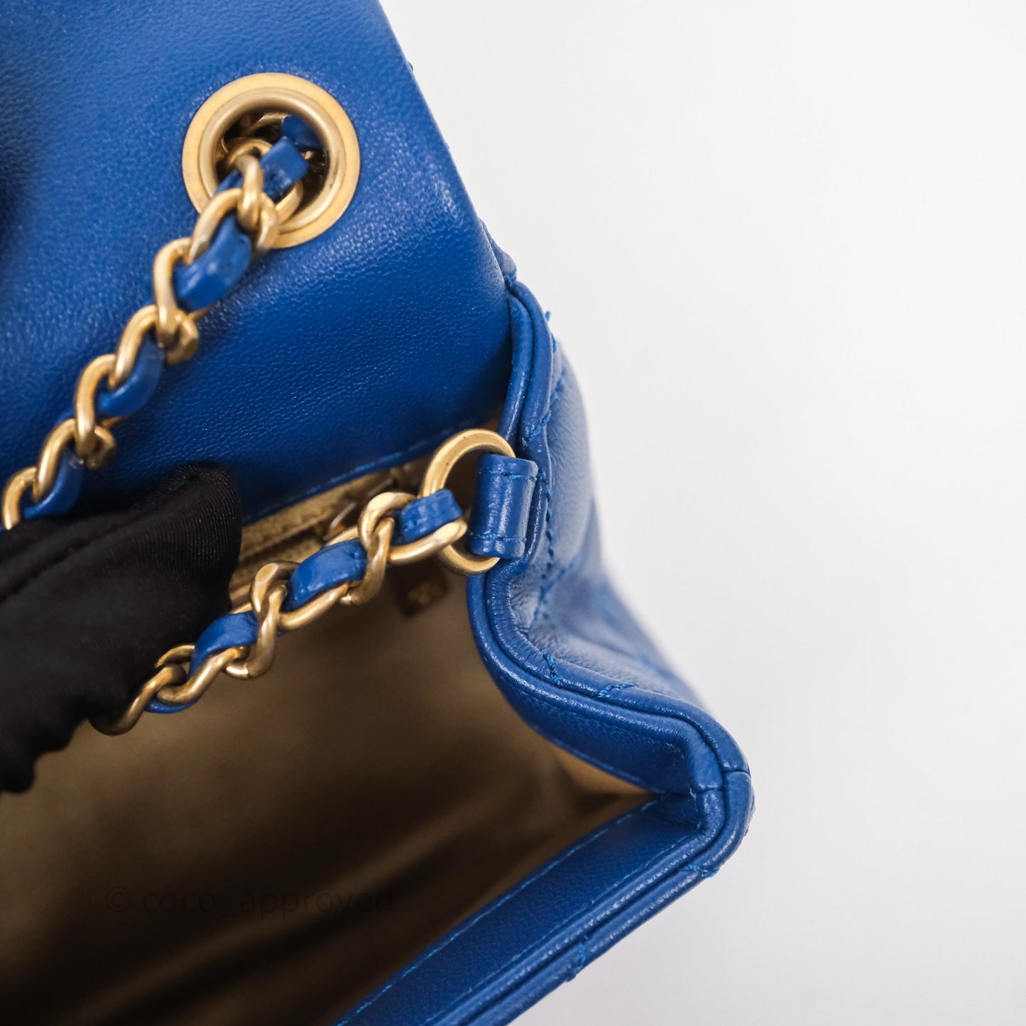 Chanel Pearl Crush Mini Square Quilted Blue Lambskin Aged Gold Hardware