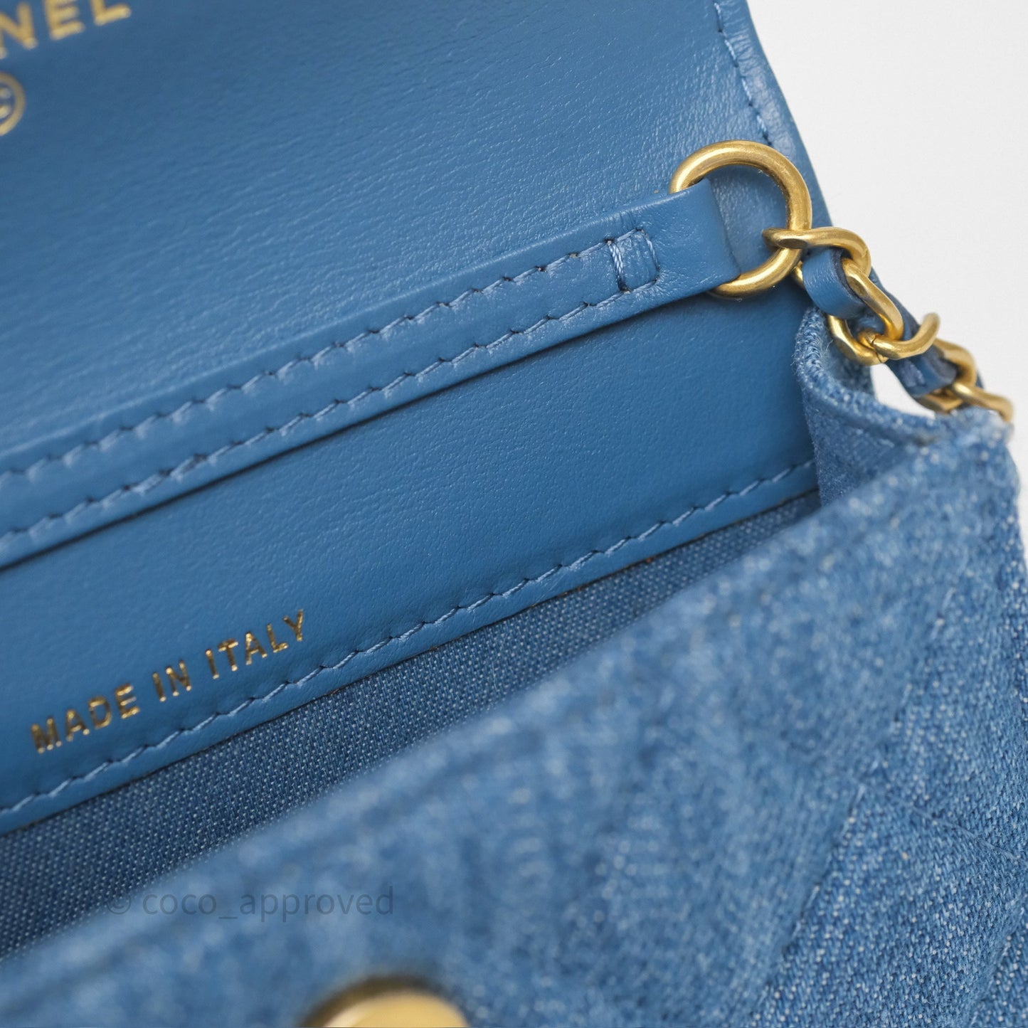 Chanel Mini Pearl Crush Clutch With Chain Belt Bag Denim Aged Gold Hardware