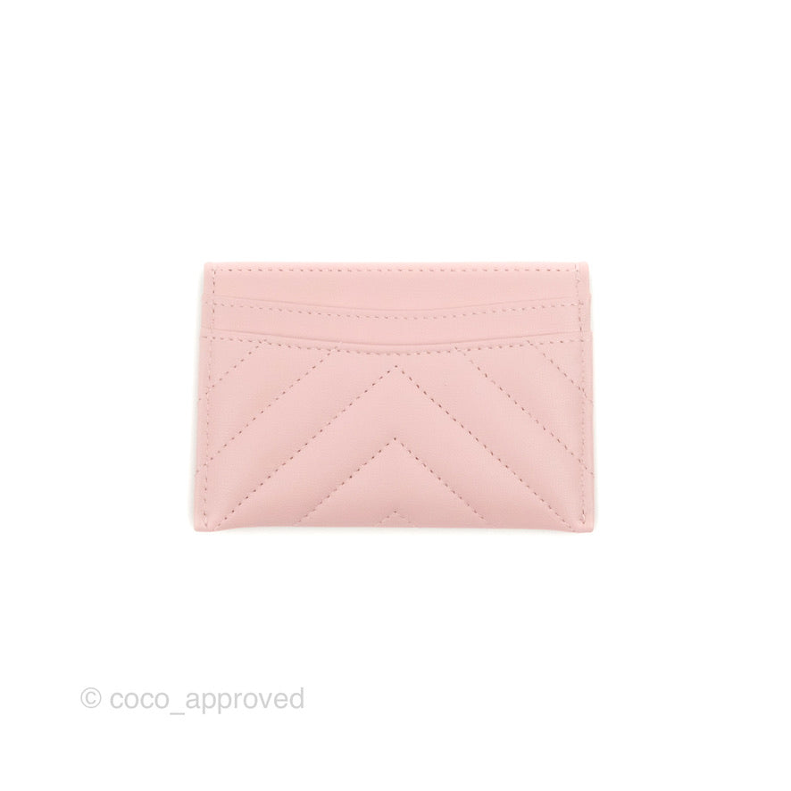 Chanel Chevron Classic Flat Card Holder Pink Lambskin Silver Hardware