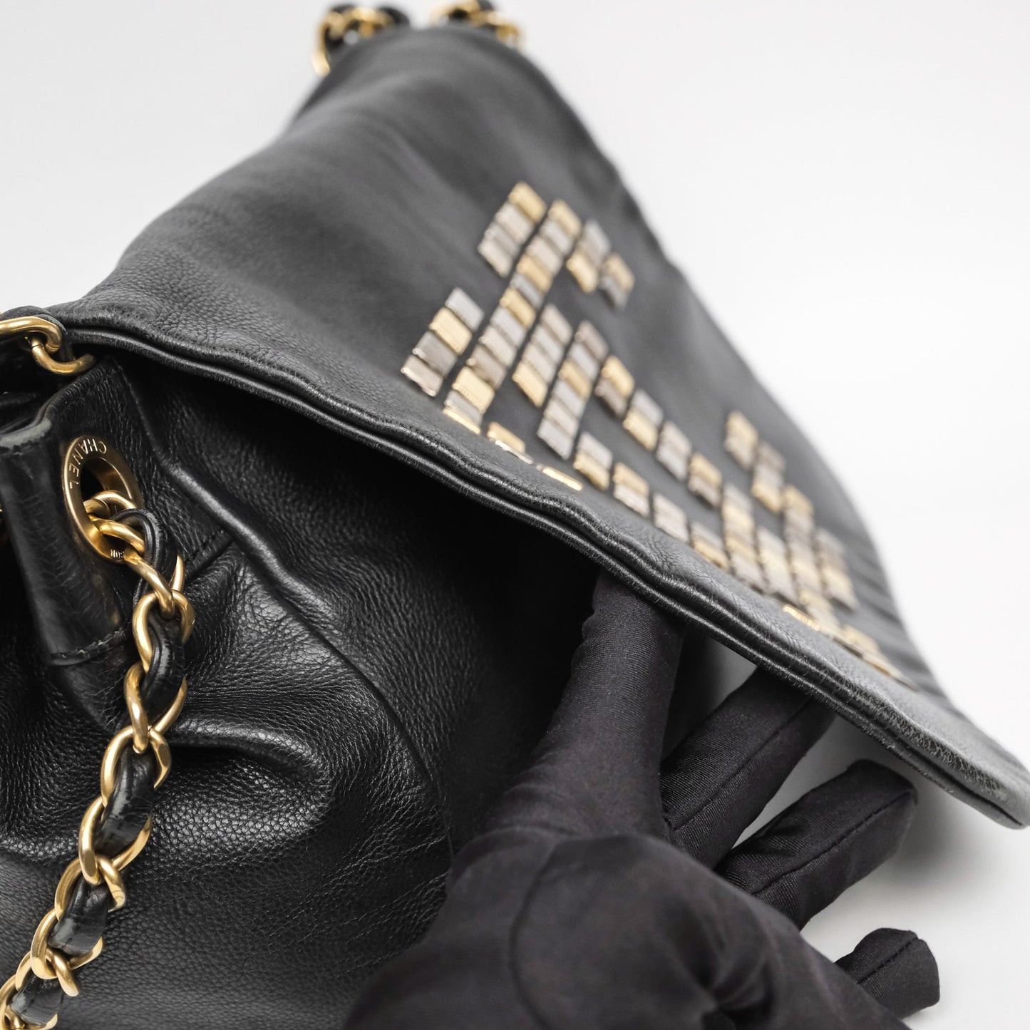 Chanel Mosaic Studs Accordion Flap Bag Black Calfskin Aged Gold Hardware