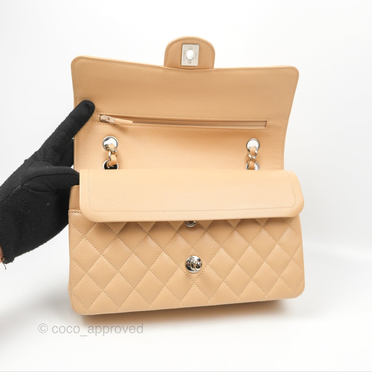 Chanel Classic M/L Medium Flap Quilted Beige Caviar Silver Hardware