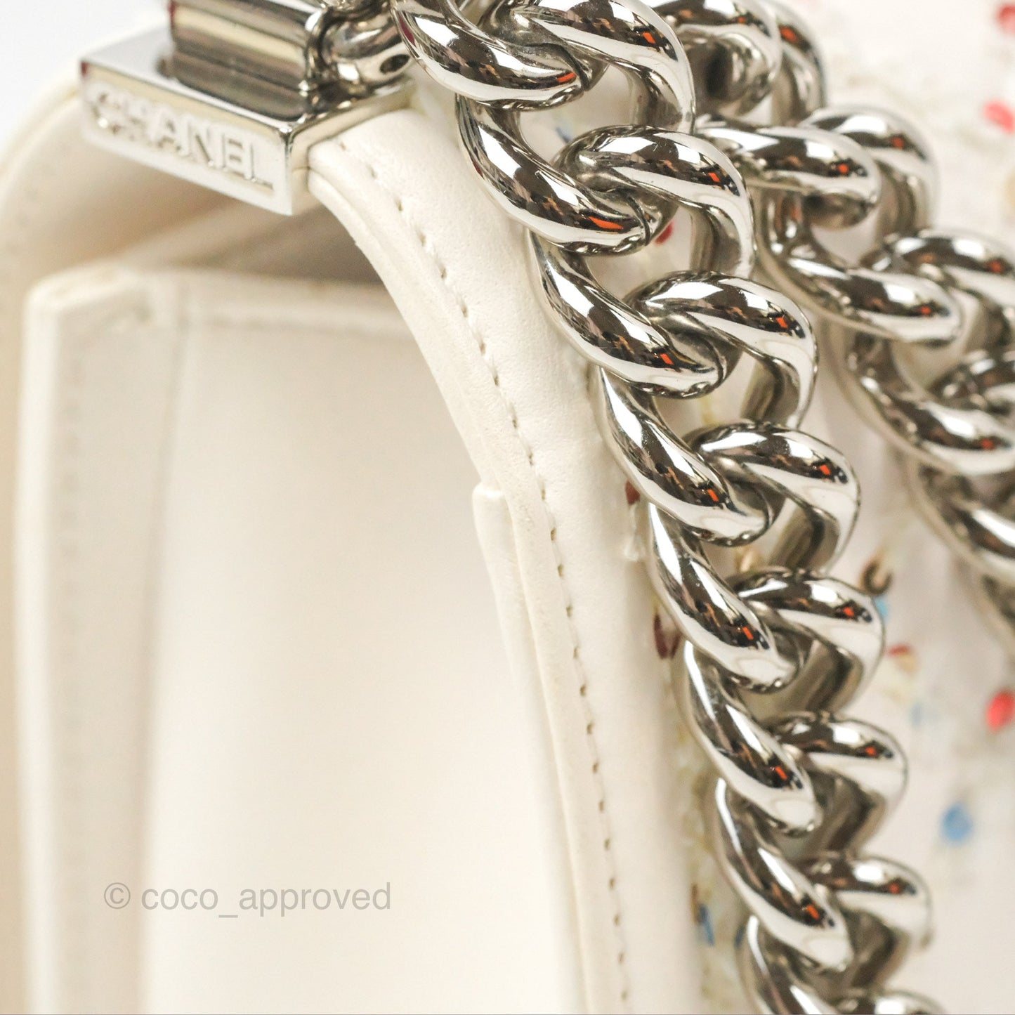 Chanel Medium Boy Sequins Quilted White Lambskin Silver Hardware