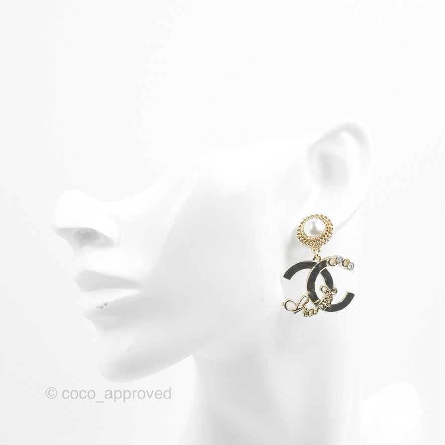 Chanel CC Coco Round Pearl Drop Earrings Gold Tone 22P