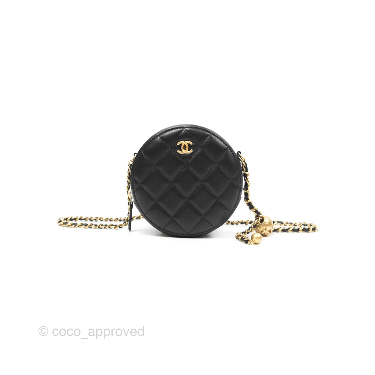 Chanel Quilted Round Pearl Crush Clutch With Chain Black Lambskin Aged Gold Hardware