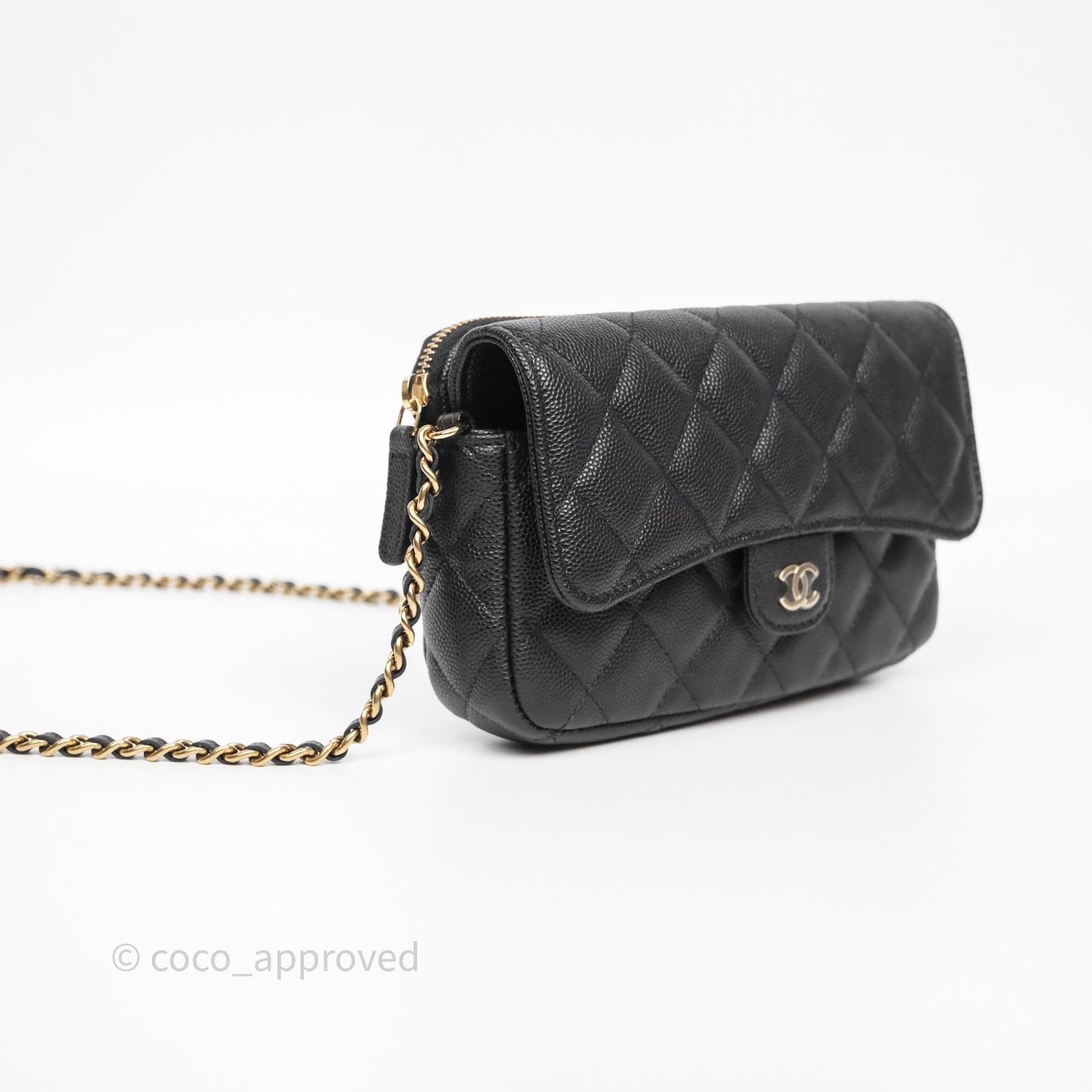 Chanel Classic Flap Phone Holder With Chain Black Caviar Gold Hardware