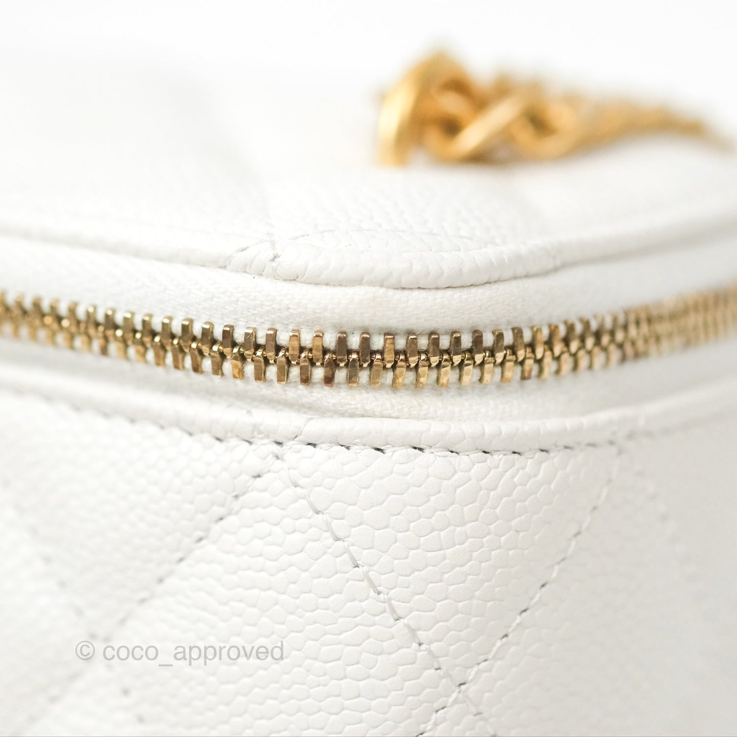 Chanel Vanity with Heart Adjustable Chain White Caviar Aged Gold Hardware