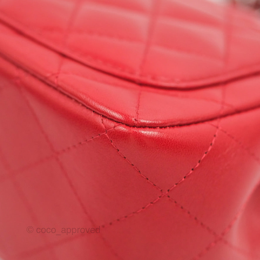 Chanel Quilted Mini Square Red Lambskin Gun Metal