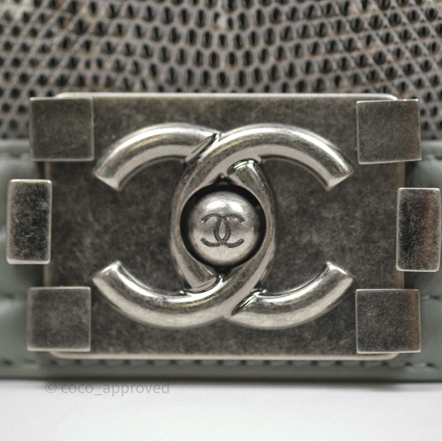 Chanel Small Boy Quilted Bag Grey Lizard Calfskin Ruthenium Hardware
