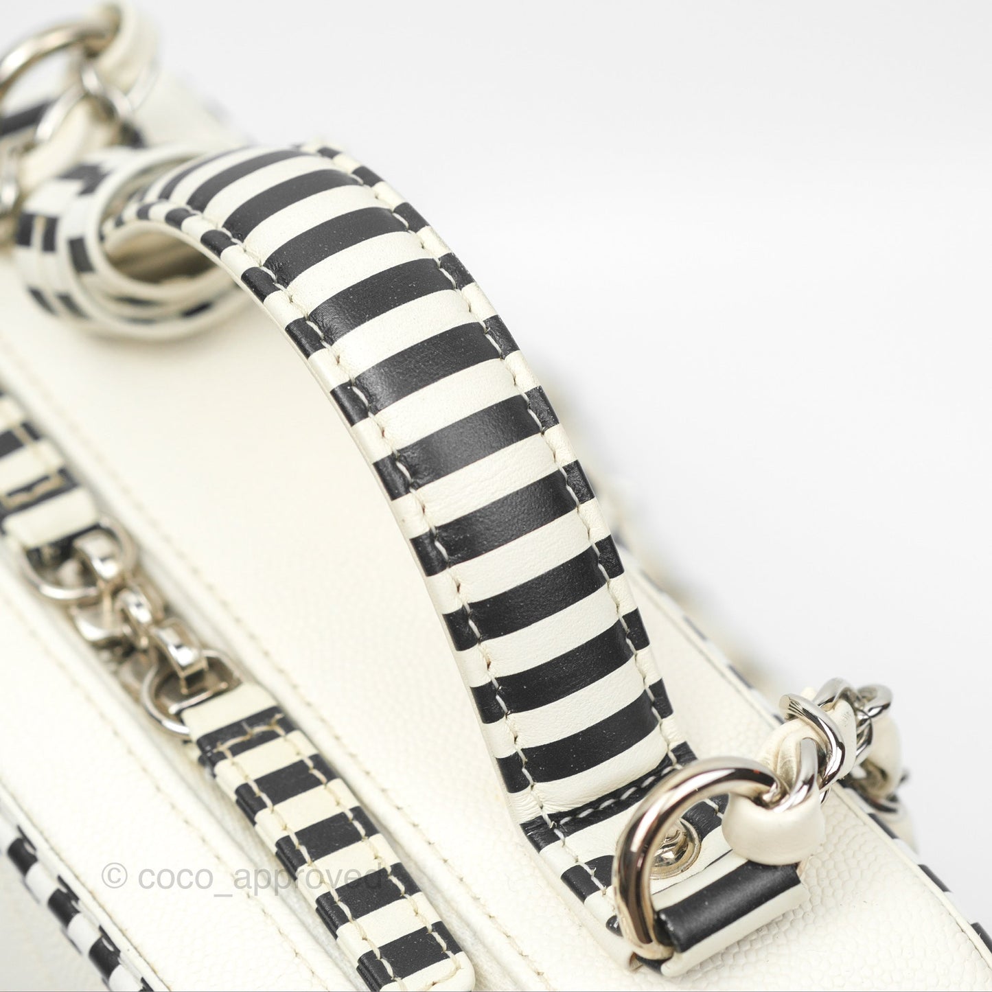 Chanel Quilted Medium CC Filigree Vanity Case White Black Stripe Caviar Silver Hardware