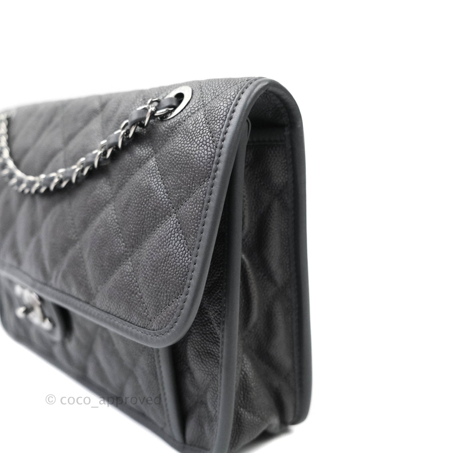 Chanel French Riviera Quilted Large Flap Bag Caviar Grey Silver Hardware