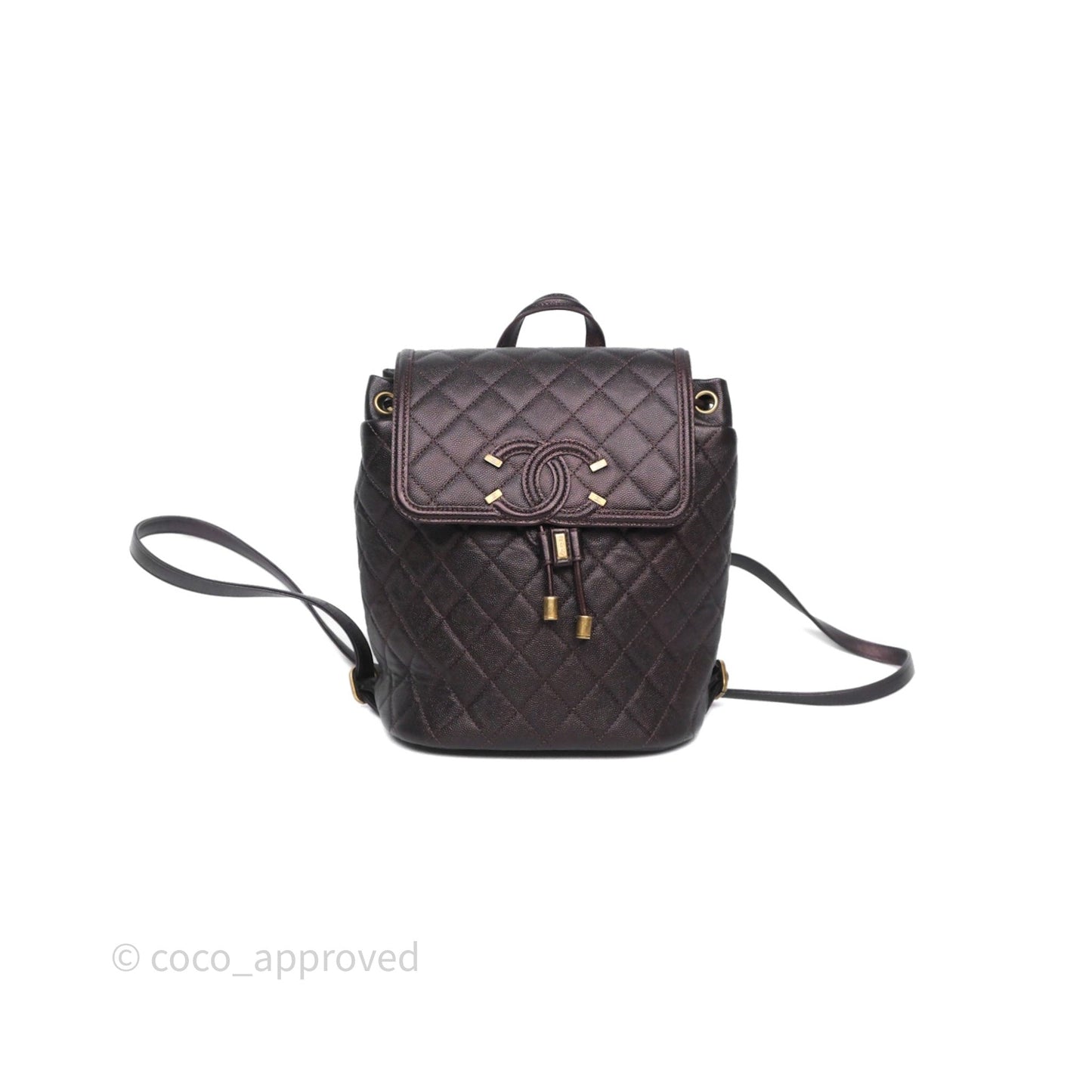 Chanel Quilted Filigree Backpack Iridescent Burgundy Caviar Aged Gold Hardware