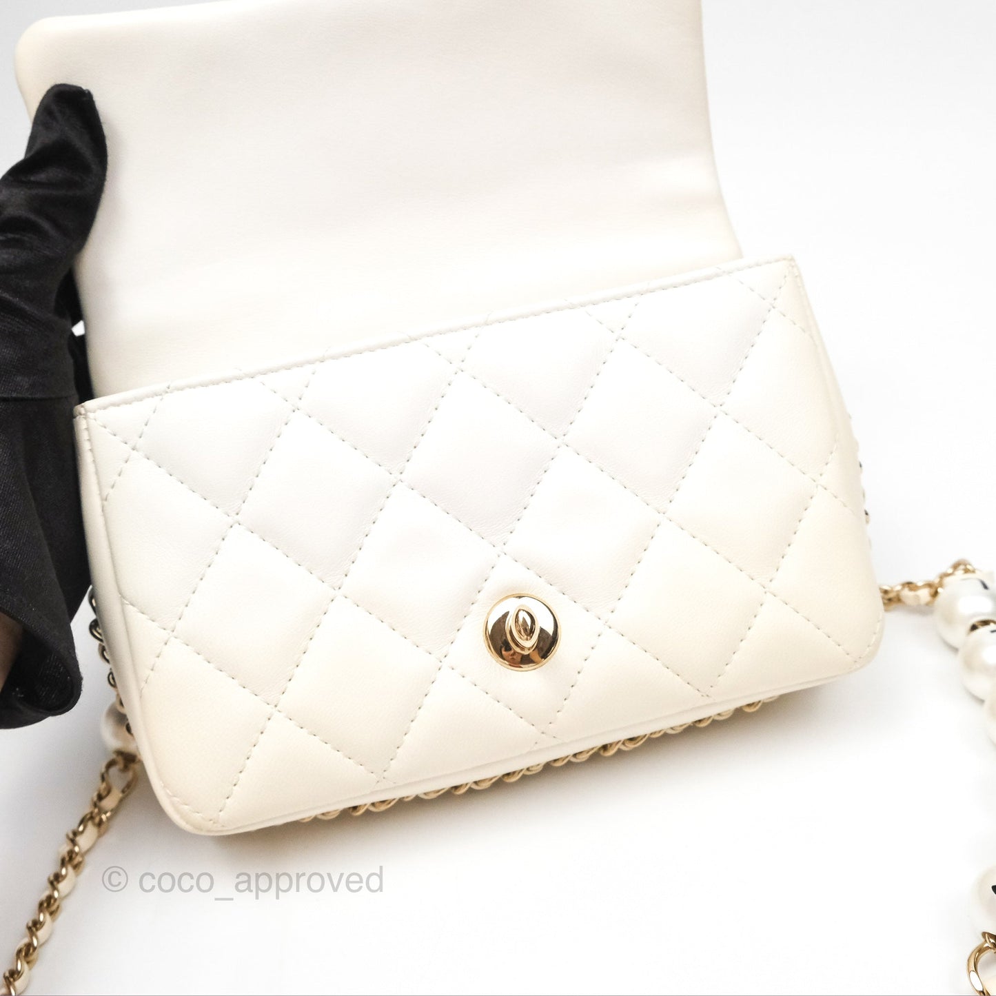 Chanel Small Logo Pearl Chain Flap Bag White Lambskin Gold Hardware