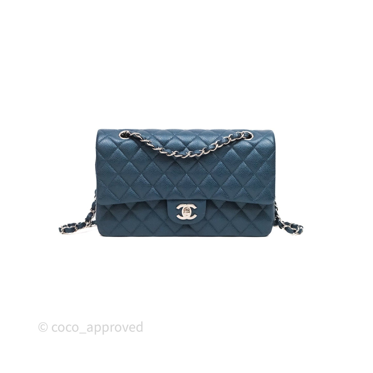Chanel Classic Medium Flap Quilted Iridescent Teal Caviar Silver Hardware