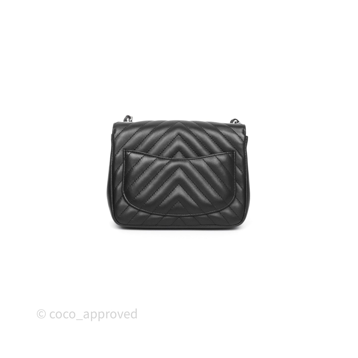 Chanel Mini Square Black Lambskin Chervon Bag Silver Hardware