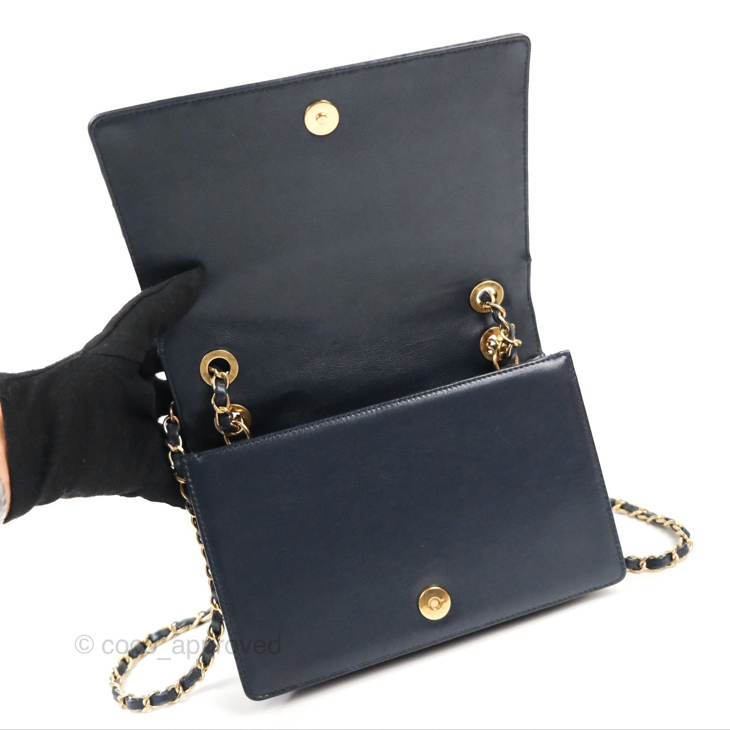 Chanel Mini Collar and Tie Flap Bag Chevron Navy Sheepskin Aged Gold Hardware