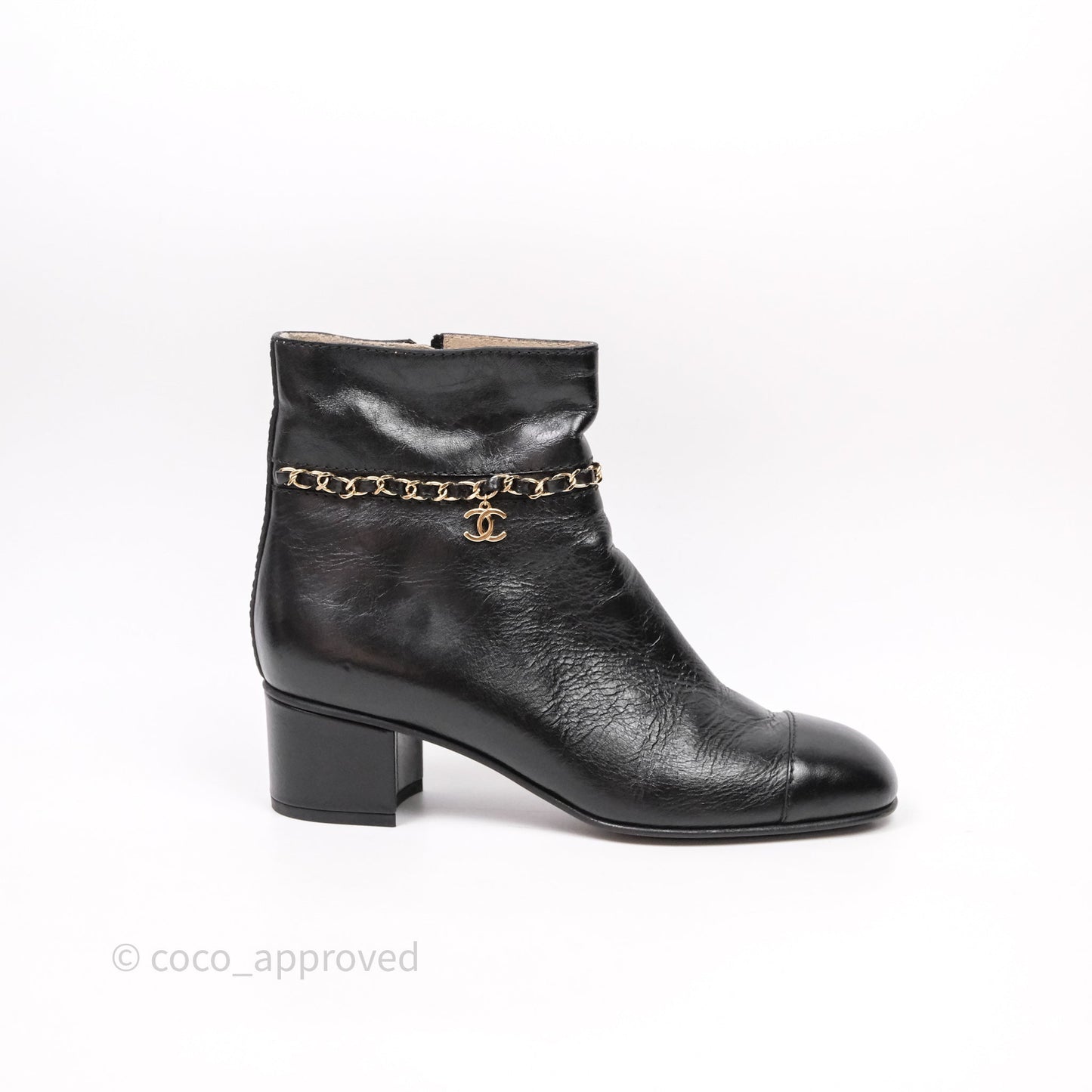 Chanel CC Black Leather Chain Ankle Boots Size 39