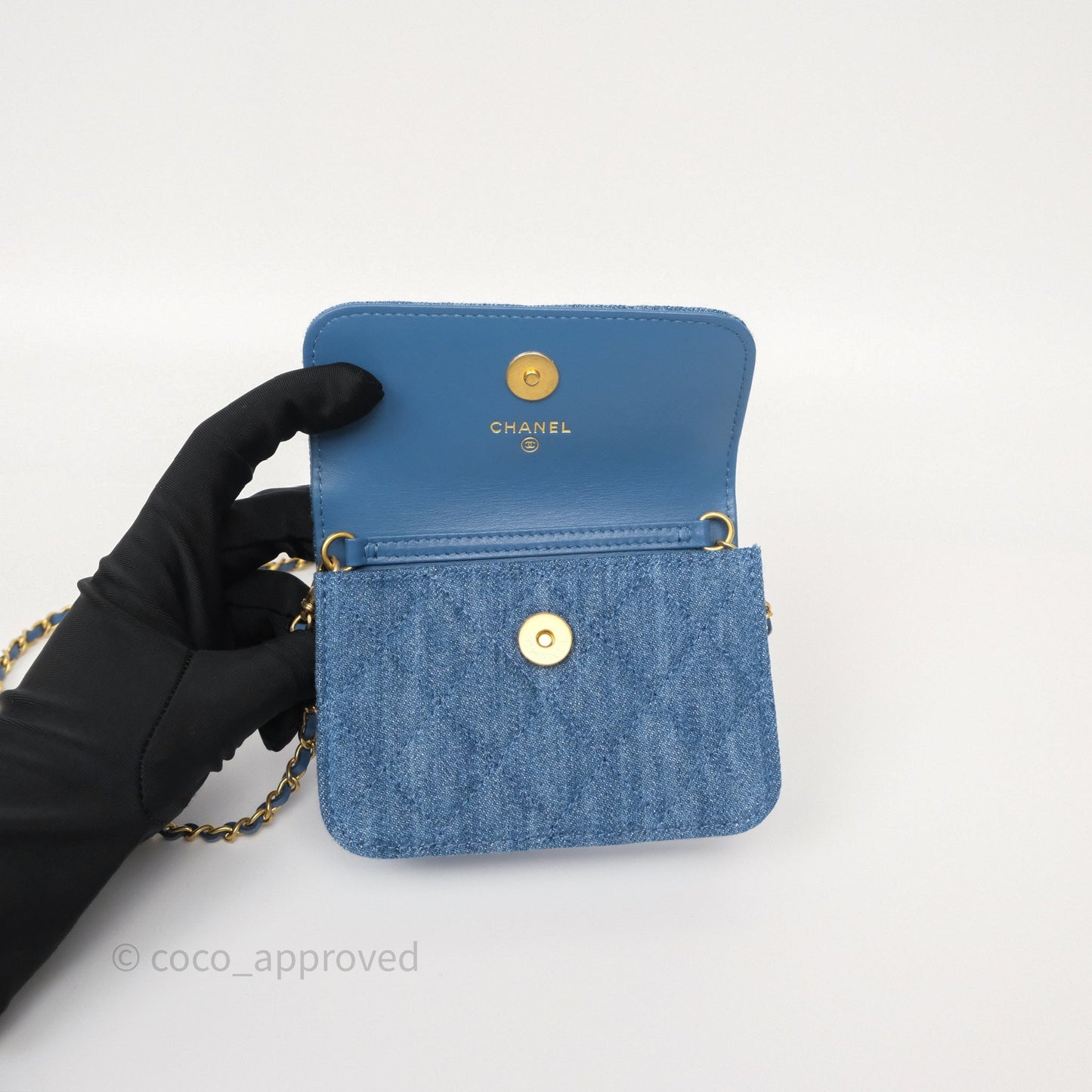 Chanel Mini Pearl Crush Clutch With Chain Belt Bag Denim Aged Gold Hardware