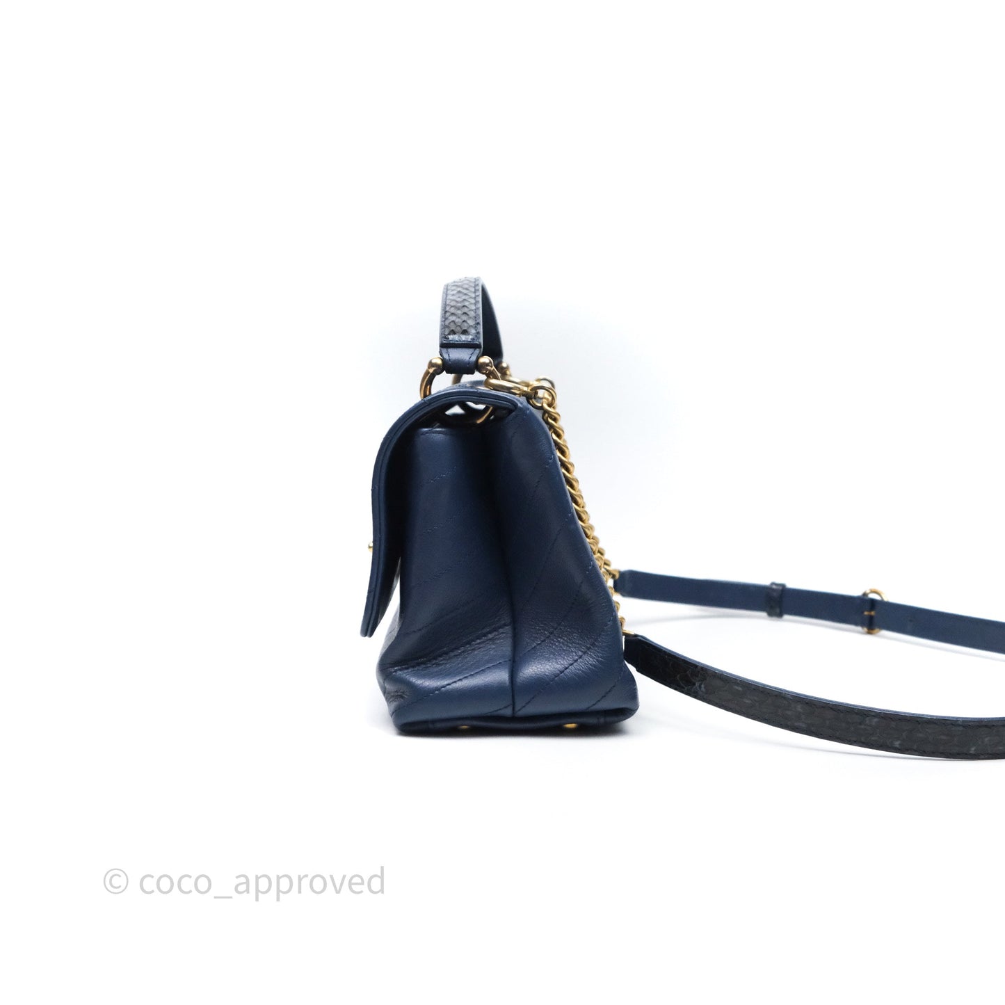 Chanel Small Chevron Python Chic Top Handle Flap Blue Calfskin Gold Hardware