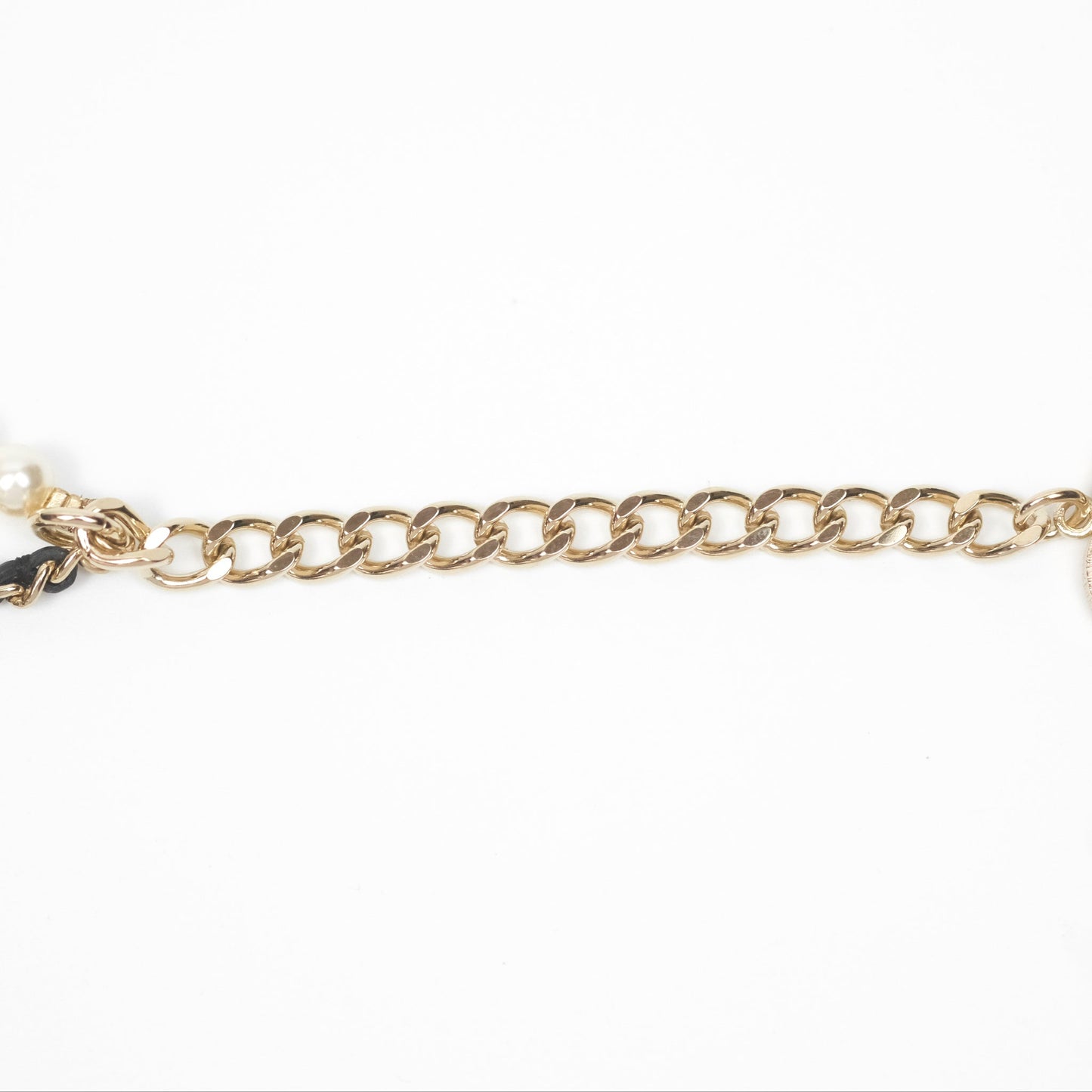 Chanel Crystal CC Pearl Black Leather Chain Braided Necklace Gold Tone 21K