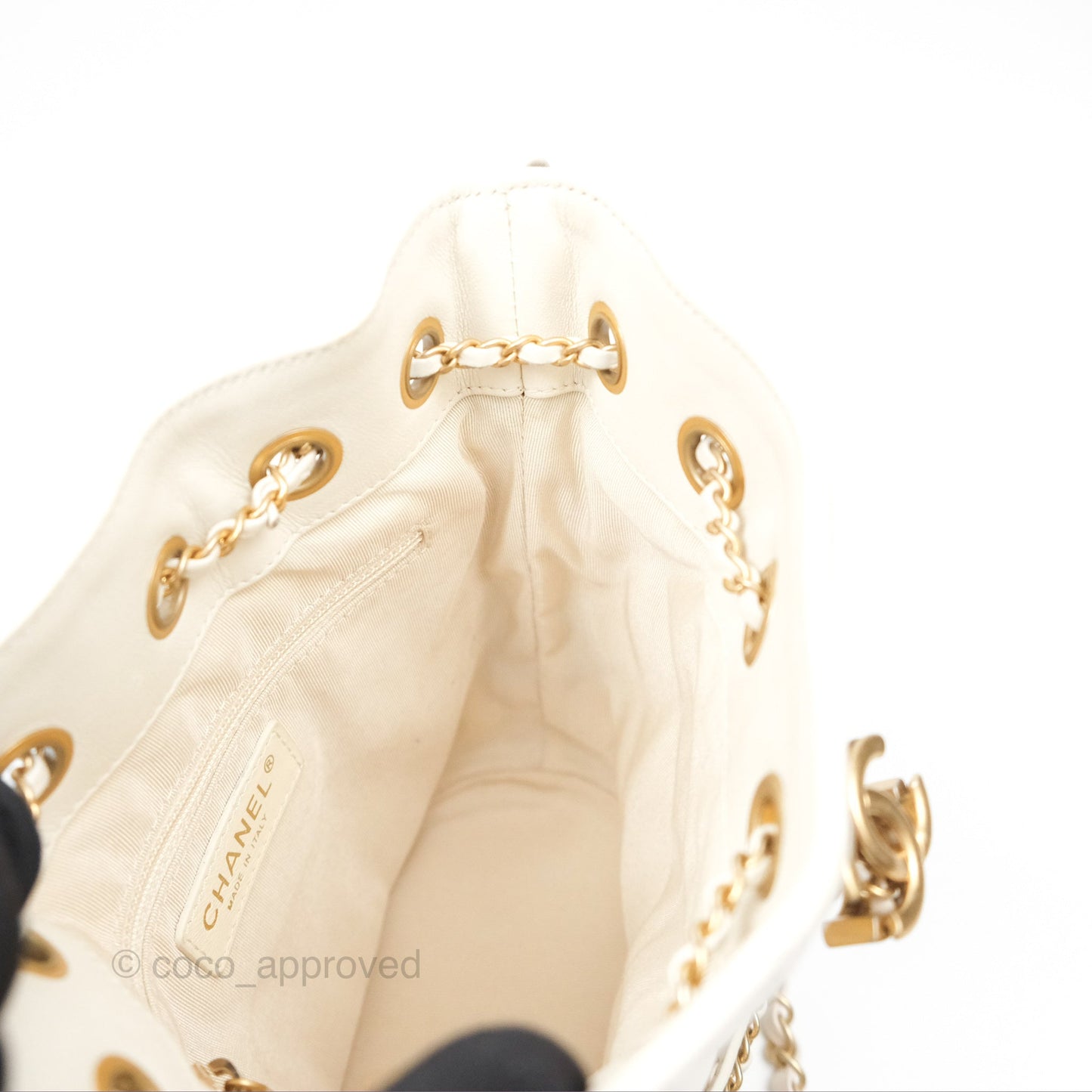 Chanel Quilted Drawstring Bucket Bag Ivory Lambskin Aged Gold Hardware