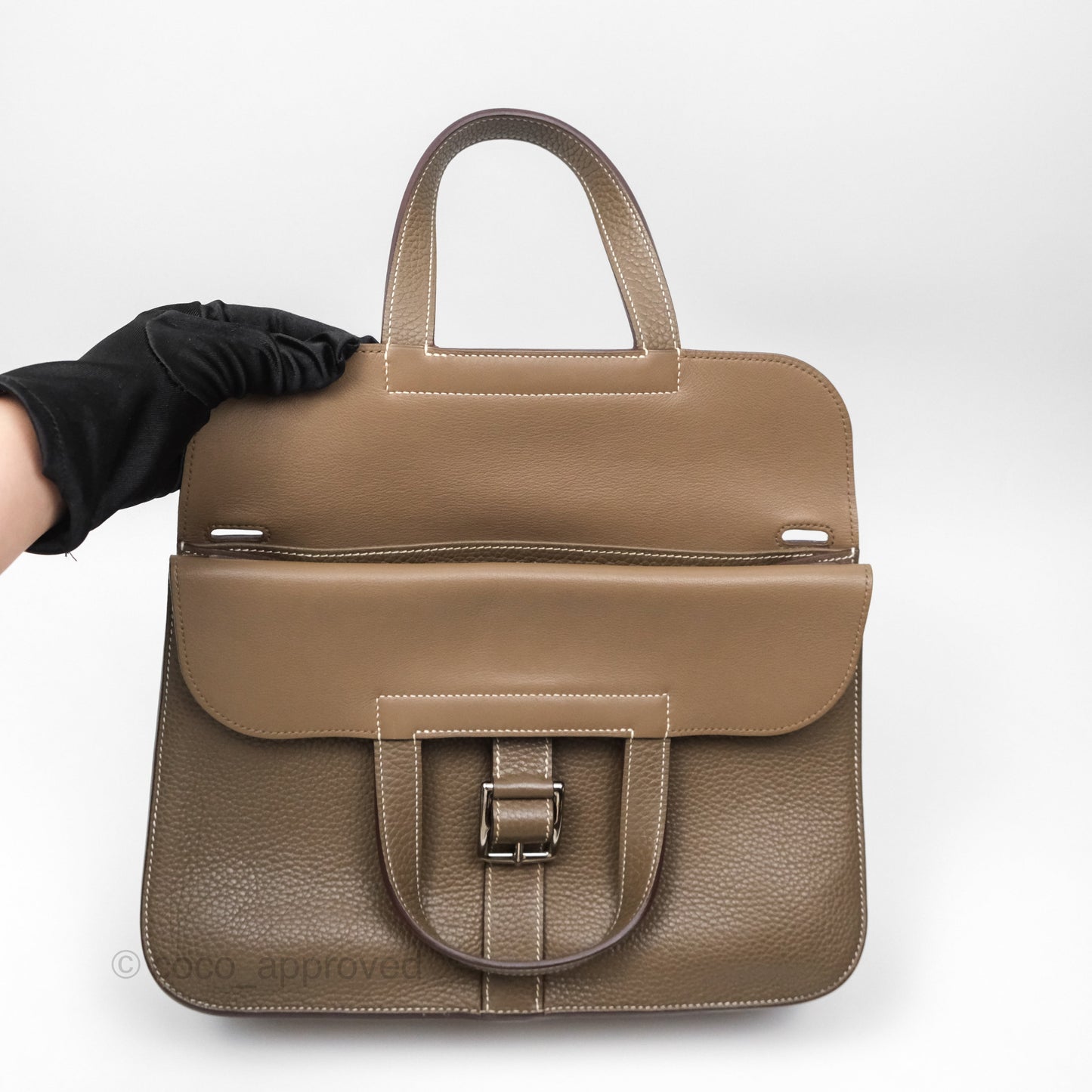 Hermès Halzan 31 Etoupe Clemence Palladium Hardware