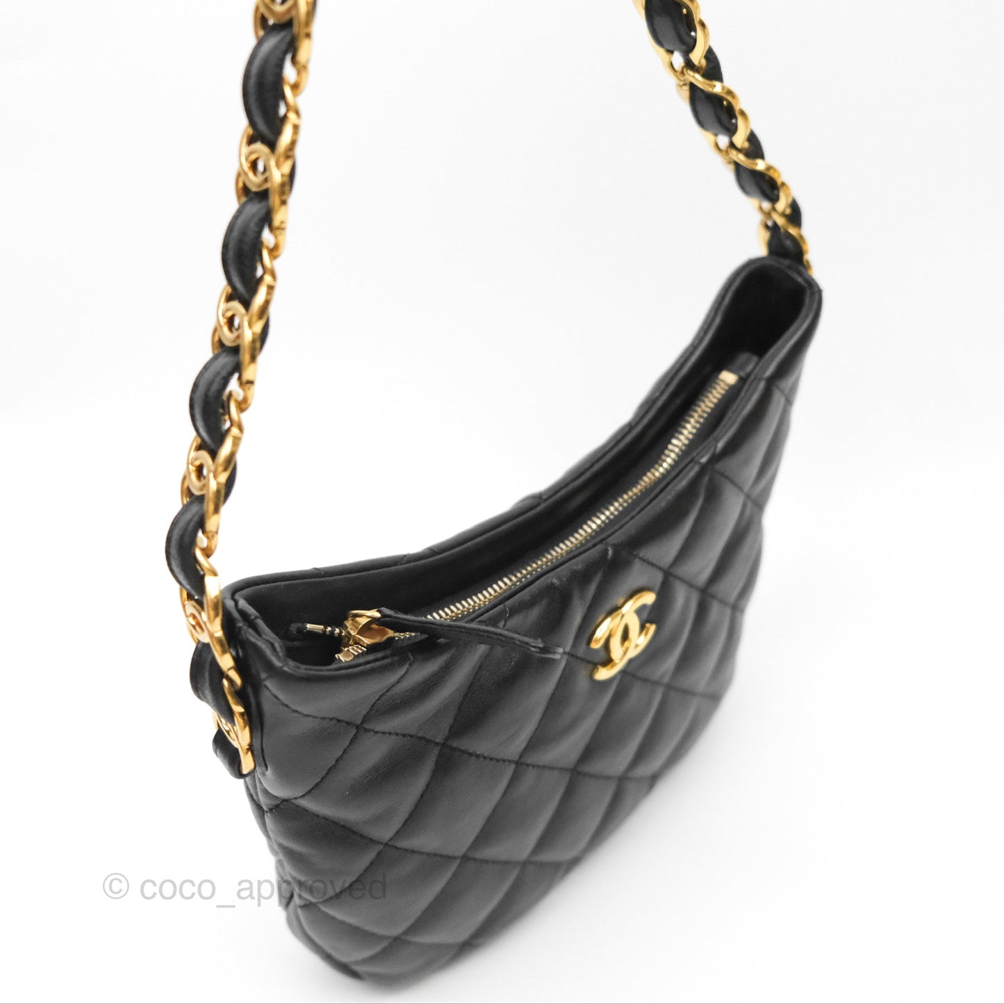 Chanel Small Hobo Bag CC Chain Black Calfskin Aged Gold Hardware 22K