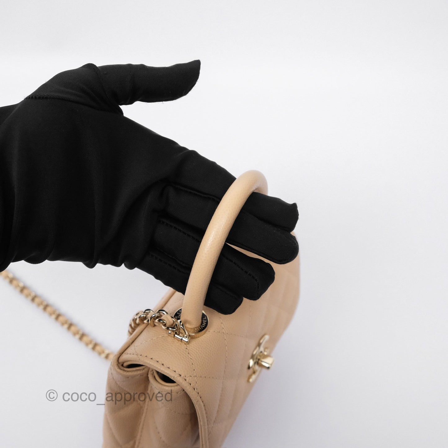 Chanel Coco Handle Clutch with Chain Quilted Beige Caviar Gold Hardware