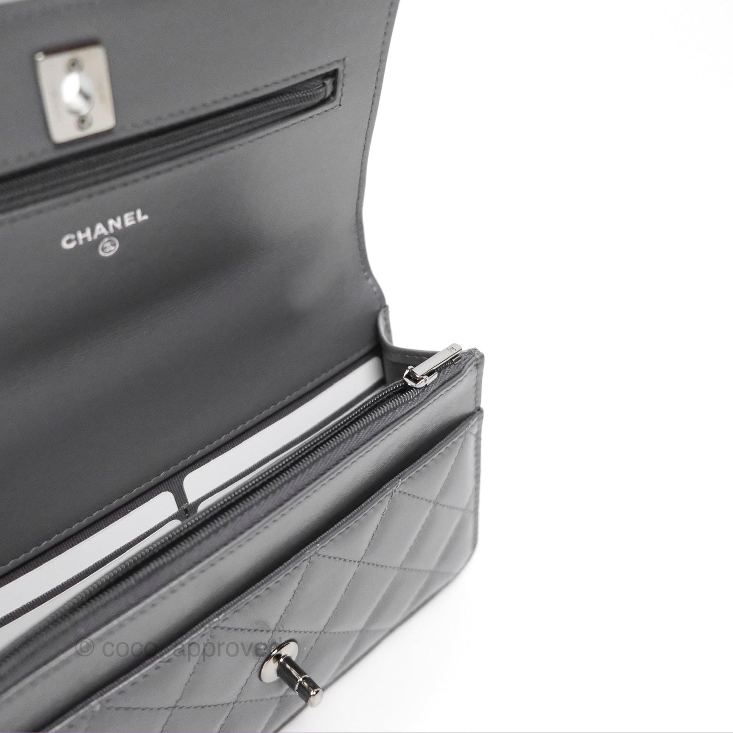 Chanel Top Handle Wallet On Chain WOC Dark Grey Calfskin Gun Metal 23K