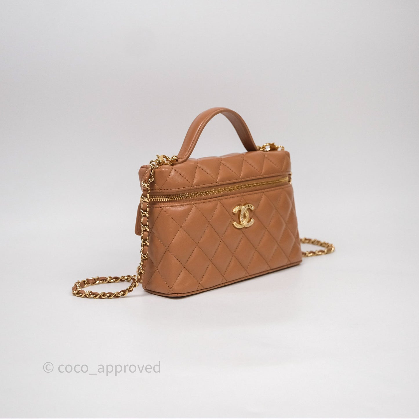 Chanel Top Handle Long Vanity with Chain Caramel Beige Lambskin Gold Hardware 25B
