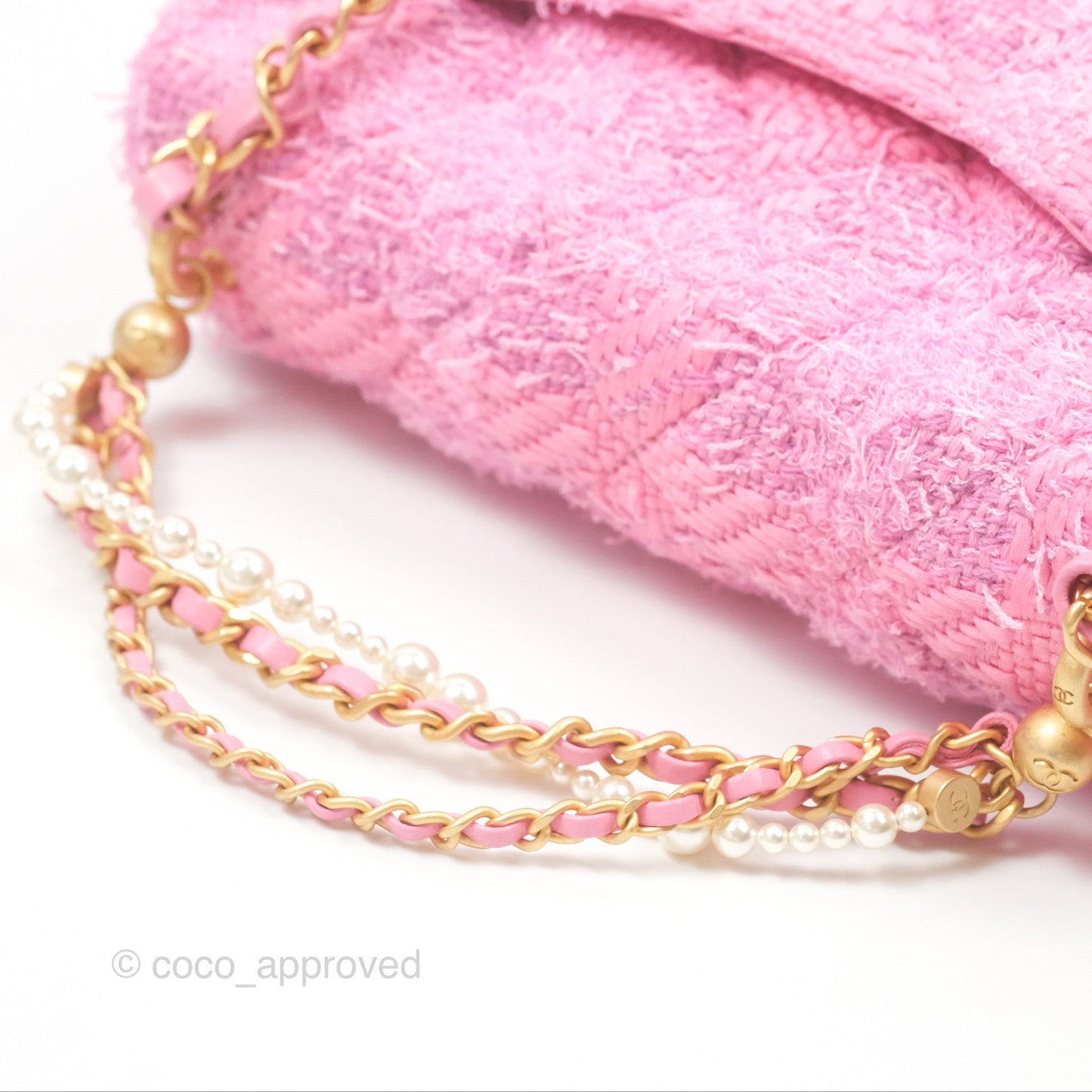 Chanel Mini Flap Bag with Pearl Chain Pink Tweed Aged Gold Hardware