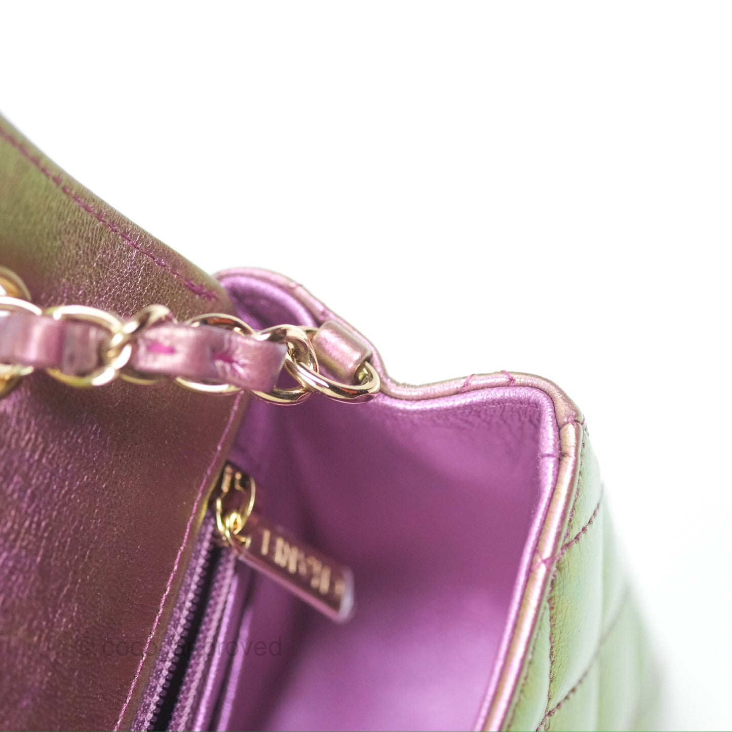 Chanel Classic Quilted Mini Rectangular Flap Metallic Purple Calfskin Gold Hardware