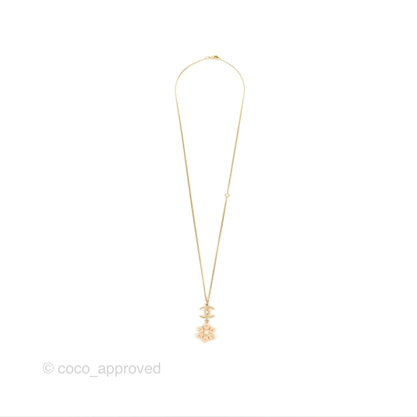 Chanel CC Pearl Light Pink Flower Pendant Necklace Gold Tone 18C