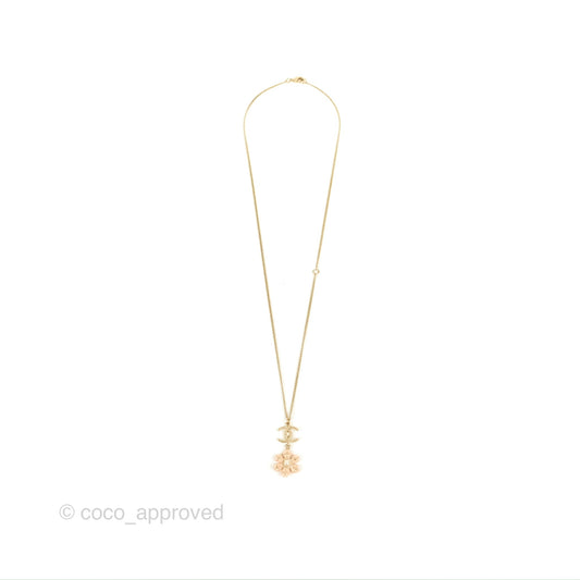 Chanel CC Pearl Light Pink Flower Pendant Necklace Gold Tone 18C