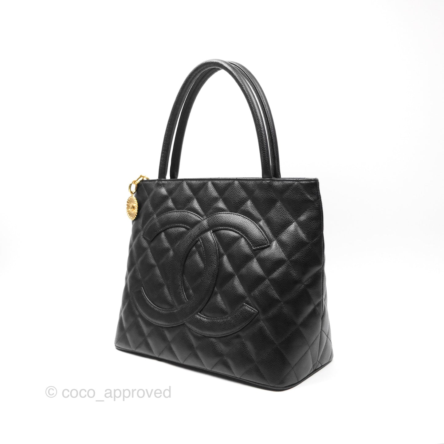 Chanel Vintage Medallion CC Black Caviar Tote Bag Gold Hardware
