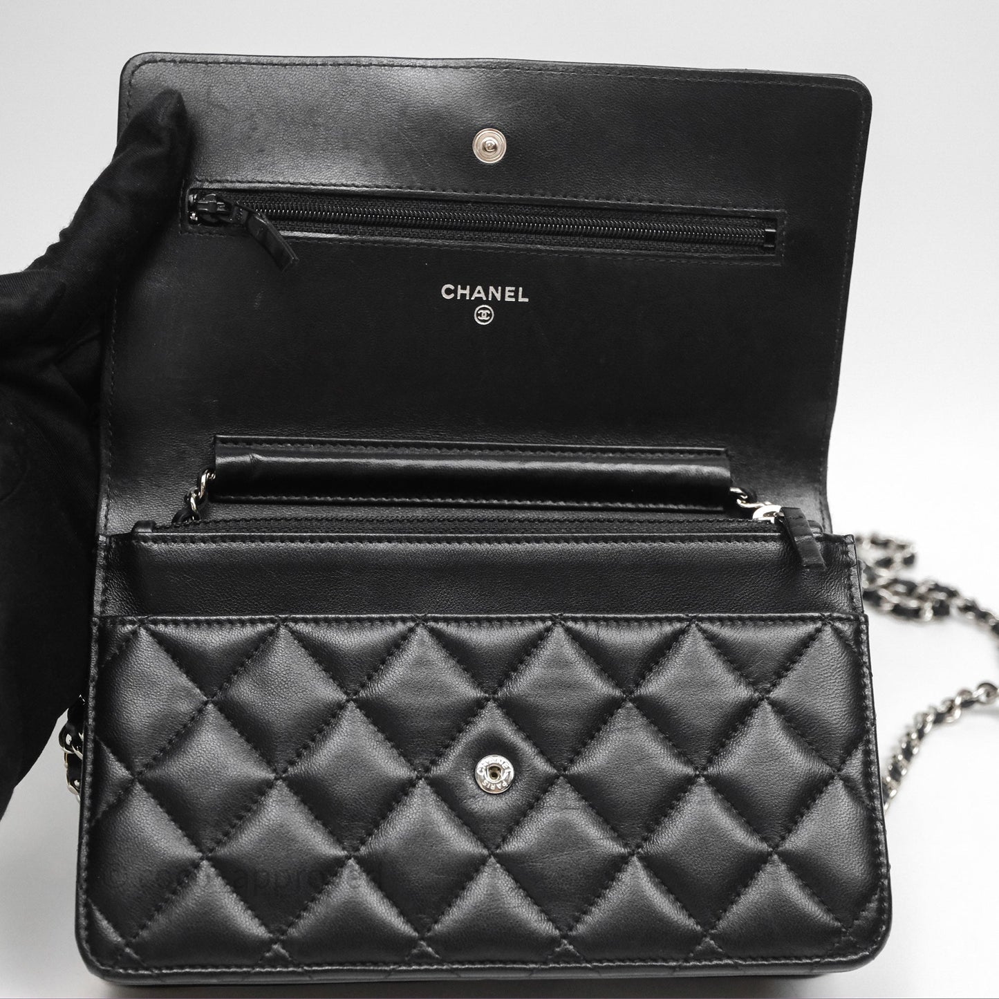 Chanel Quilted WOC Black Lambskin Silver Hardware