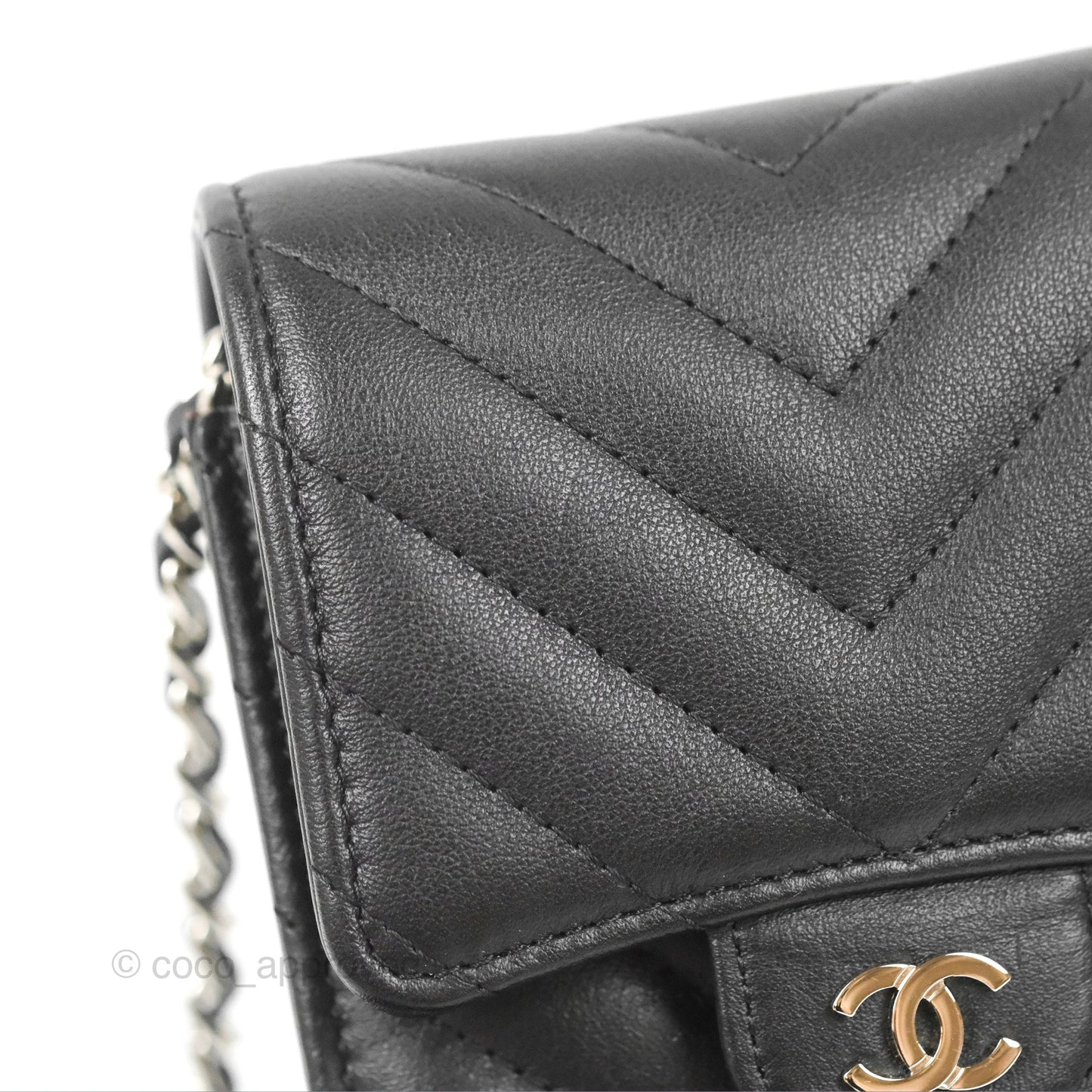 Chanel Classic Chevron Phone Holder Black Calfskin Silver Hardware