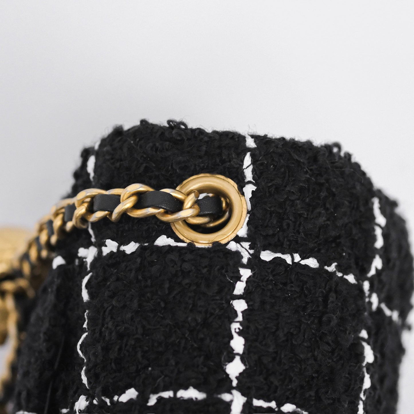 Chanel Pearl Crush Mini Rectangular Grid Black White Tweed Aged Gold Hardware