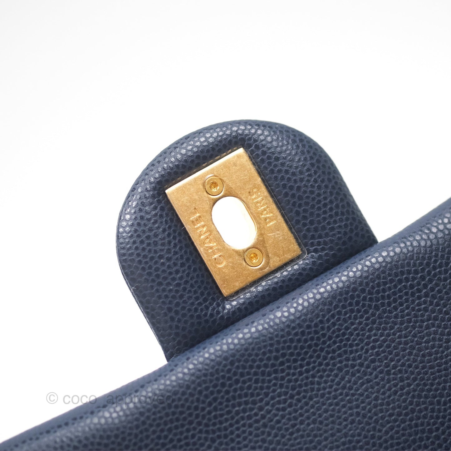 Chanel Mini Flap with Coin Charm Navy Caviar Aged Gold Hardware 22A