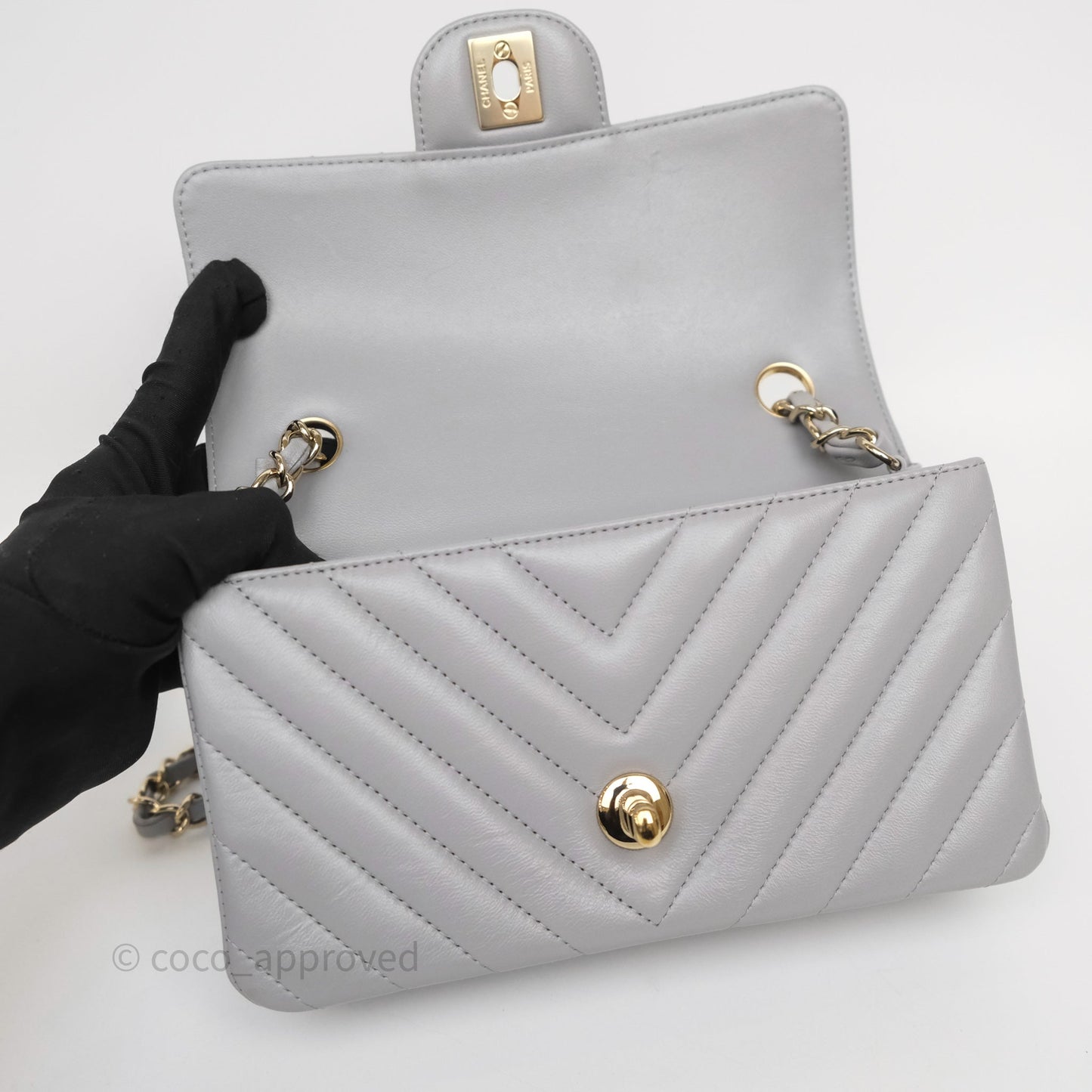 Chanel Mini Rectangular Chevron Grey Lambskin Light Gold Hardware