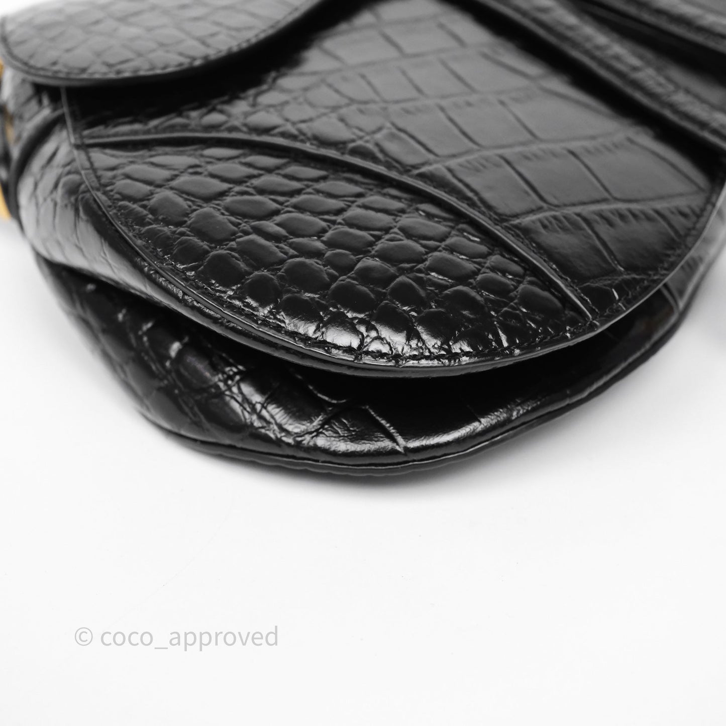 Christian Dior Saddle Bag Black Shiny Crocodile Gold Hardware