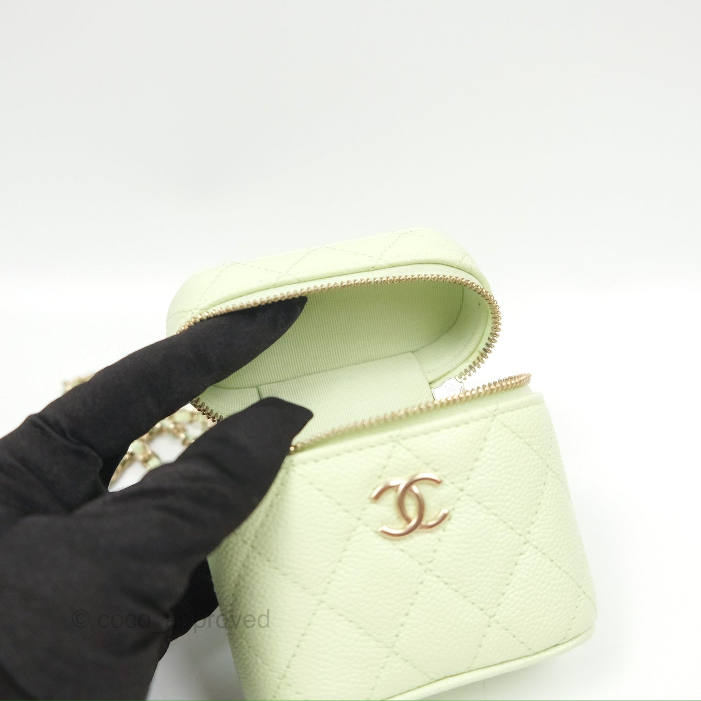 Chanel Quilted Small Handle With Care Vanity Case With Chain Green Caviar Gold Hardware