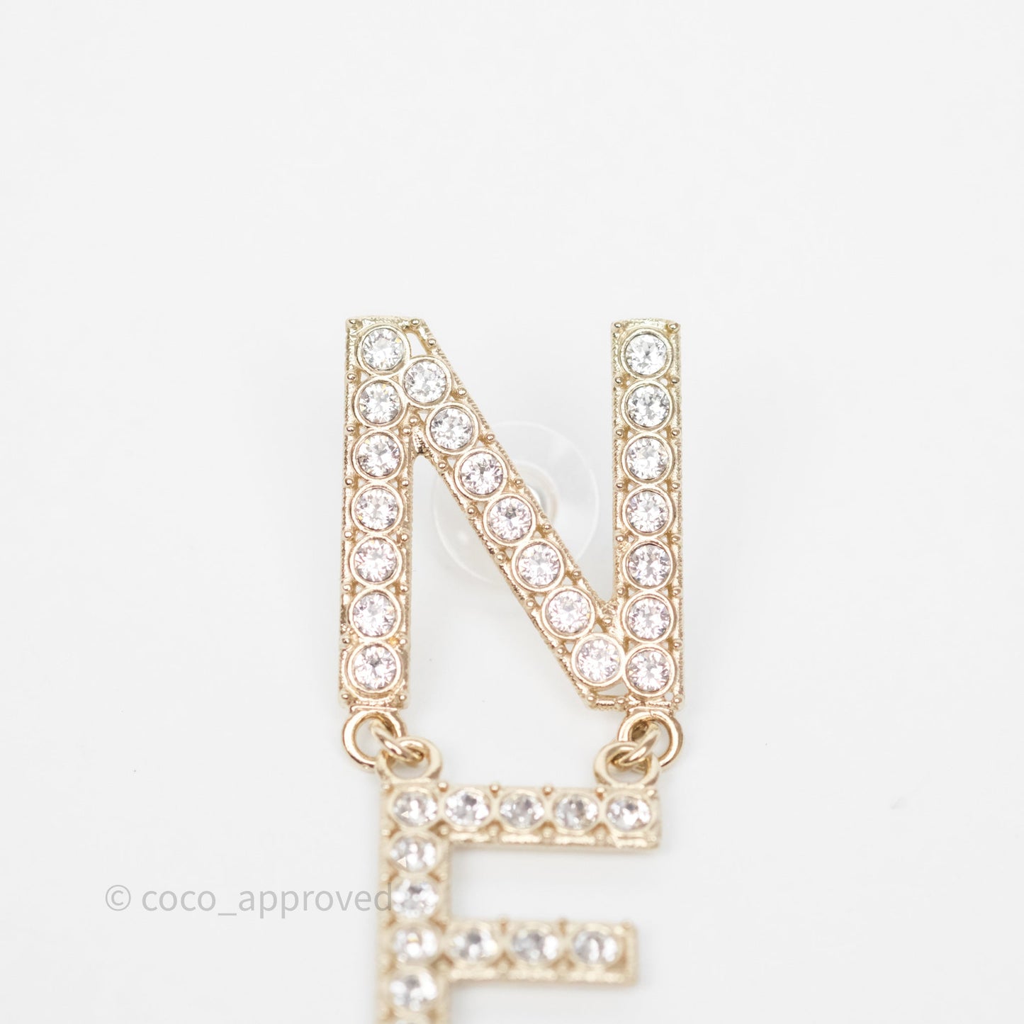 Chanel Crystal Cha-Nel Logo Drop Earrings Gold Tone 20V