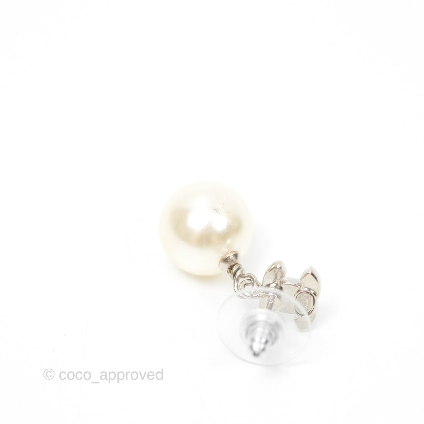 Chanel CC Rhinestone Pearl Drop Earrings Silver Tone