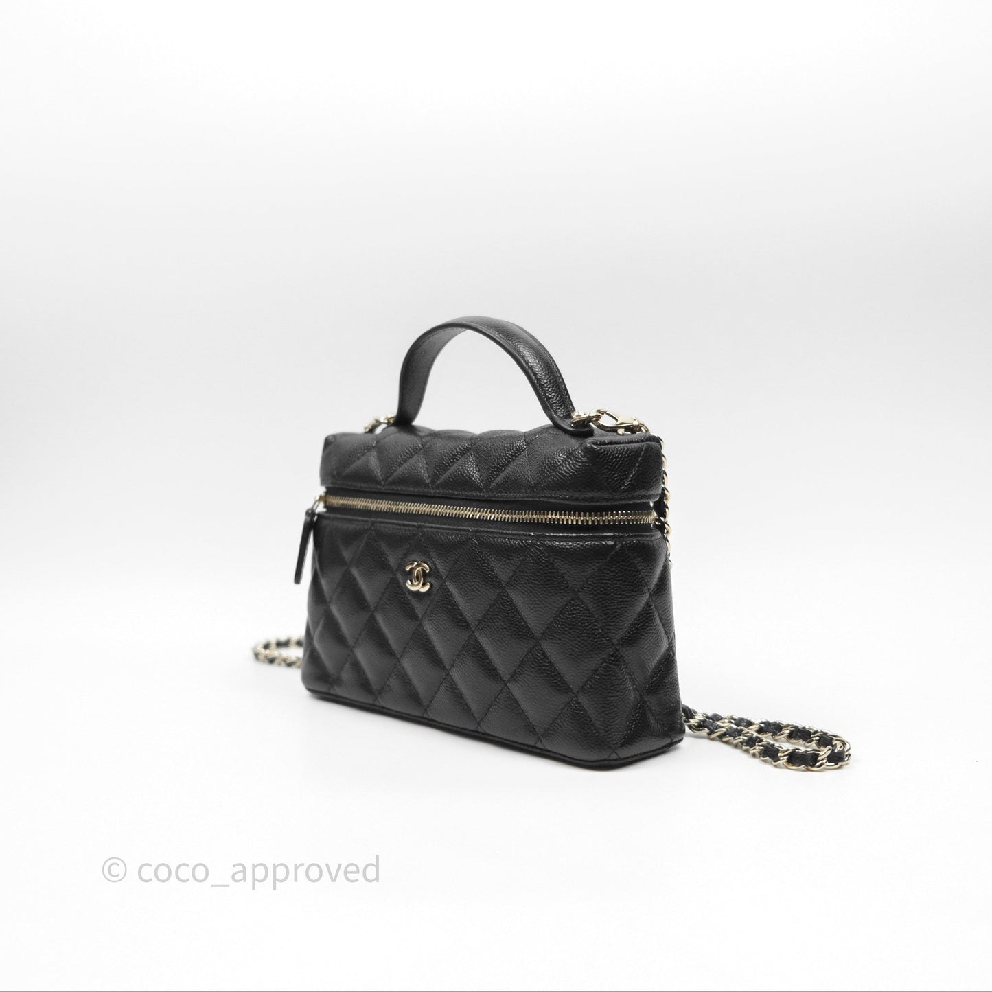 Chanel Quilted Top Handle Vanity with Chain Black Caviar Gold Hardware