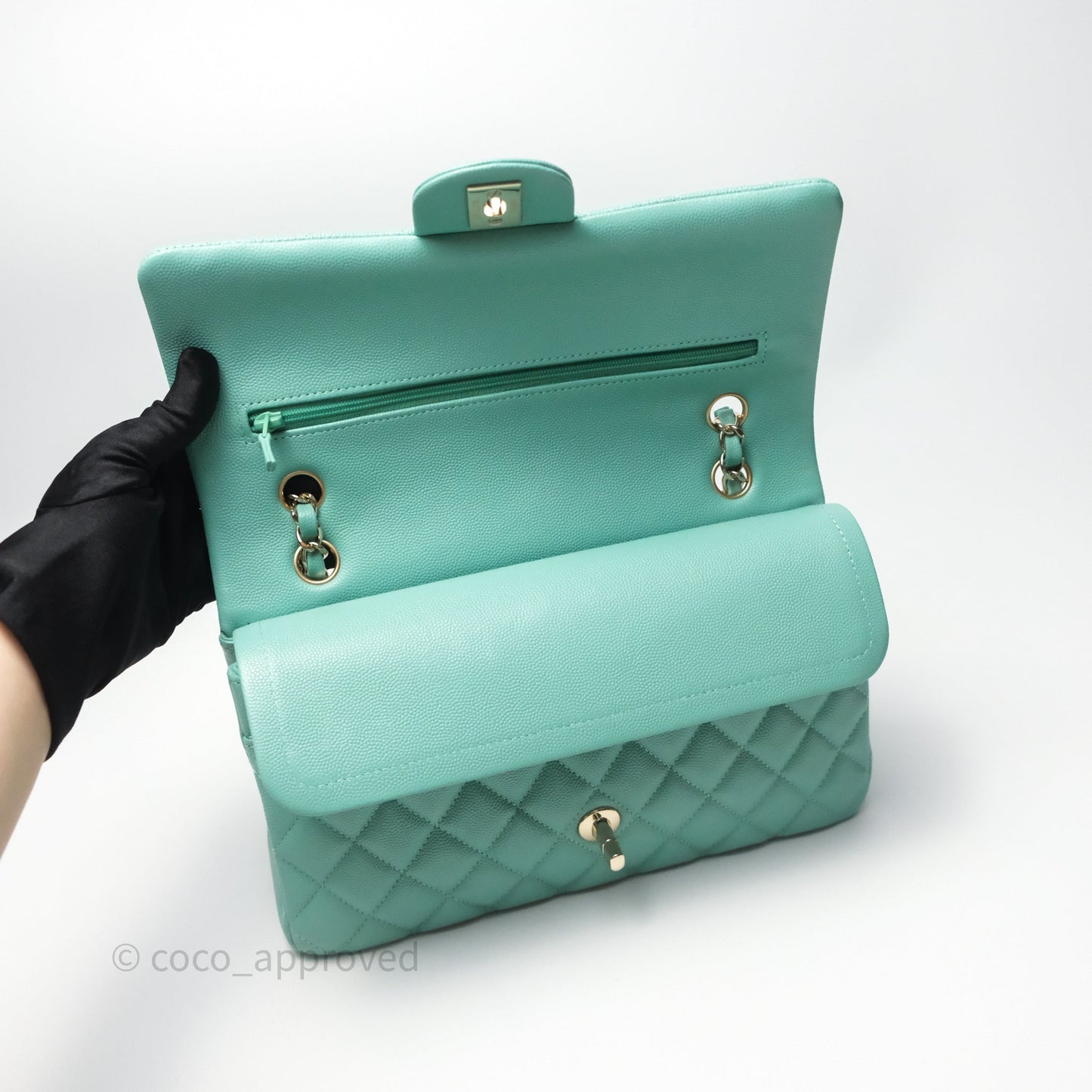 Chanel Classic M/L Medium Flap Quilted Tiffany Green Caviar Gold Hardware