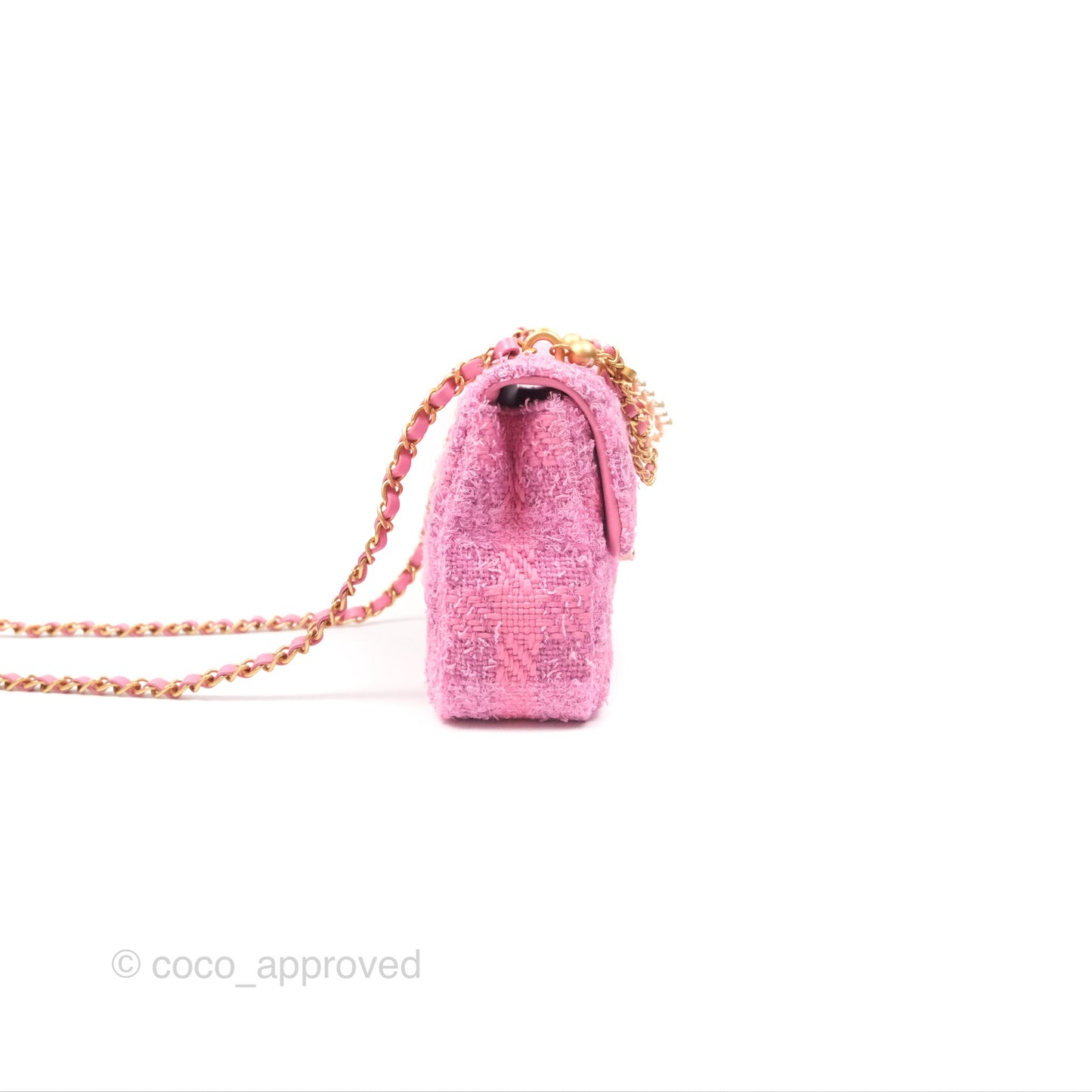 Chanel Mini Flap Bag with Pearl Chain Pink Tweed Aged Gold Hardware