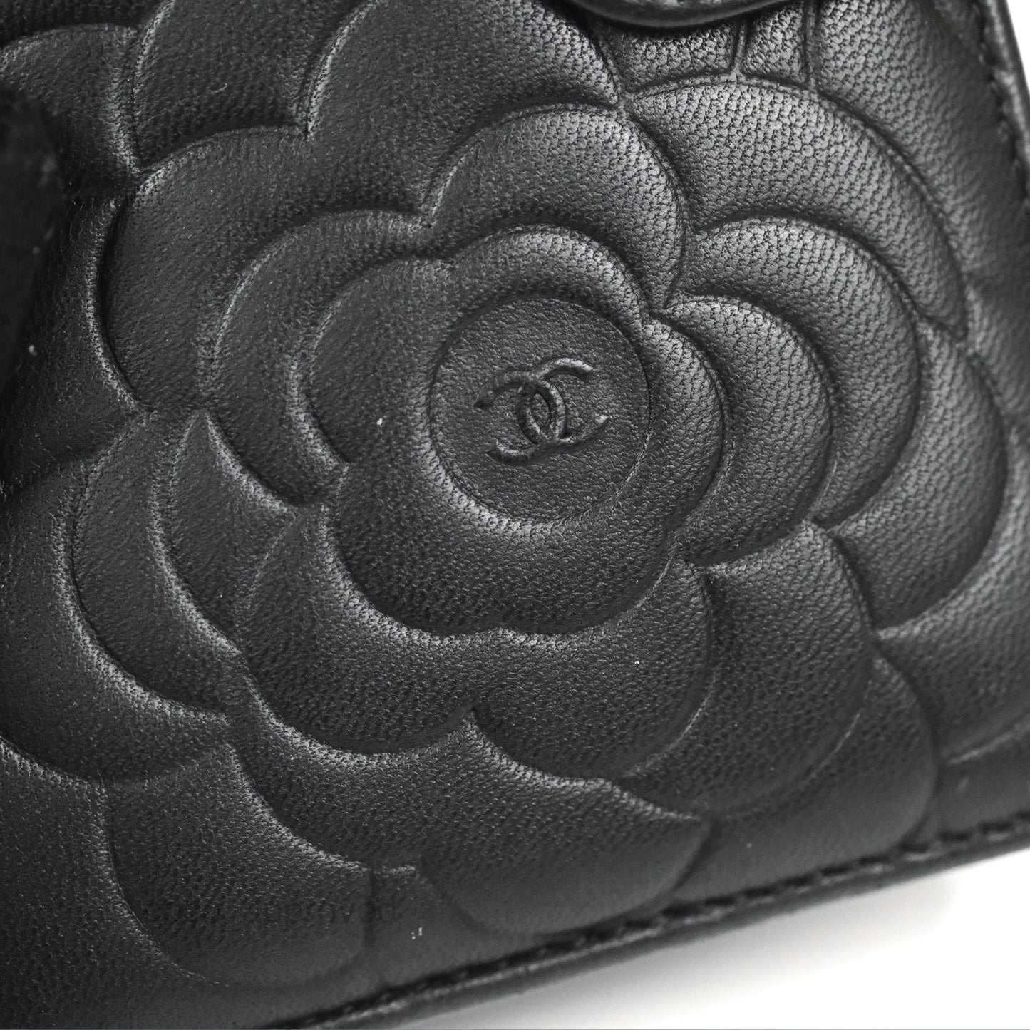 Chanel Wallet Black Camellia Embossed Lambskin Silver Hardware