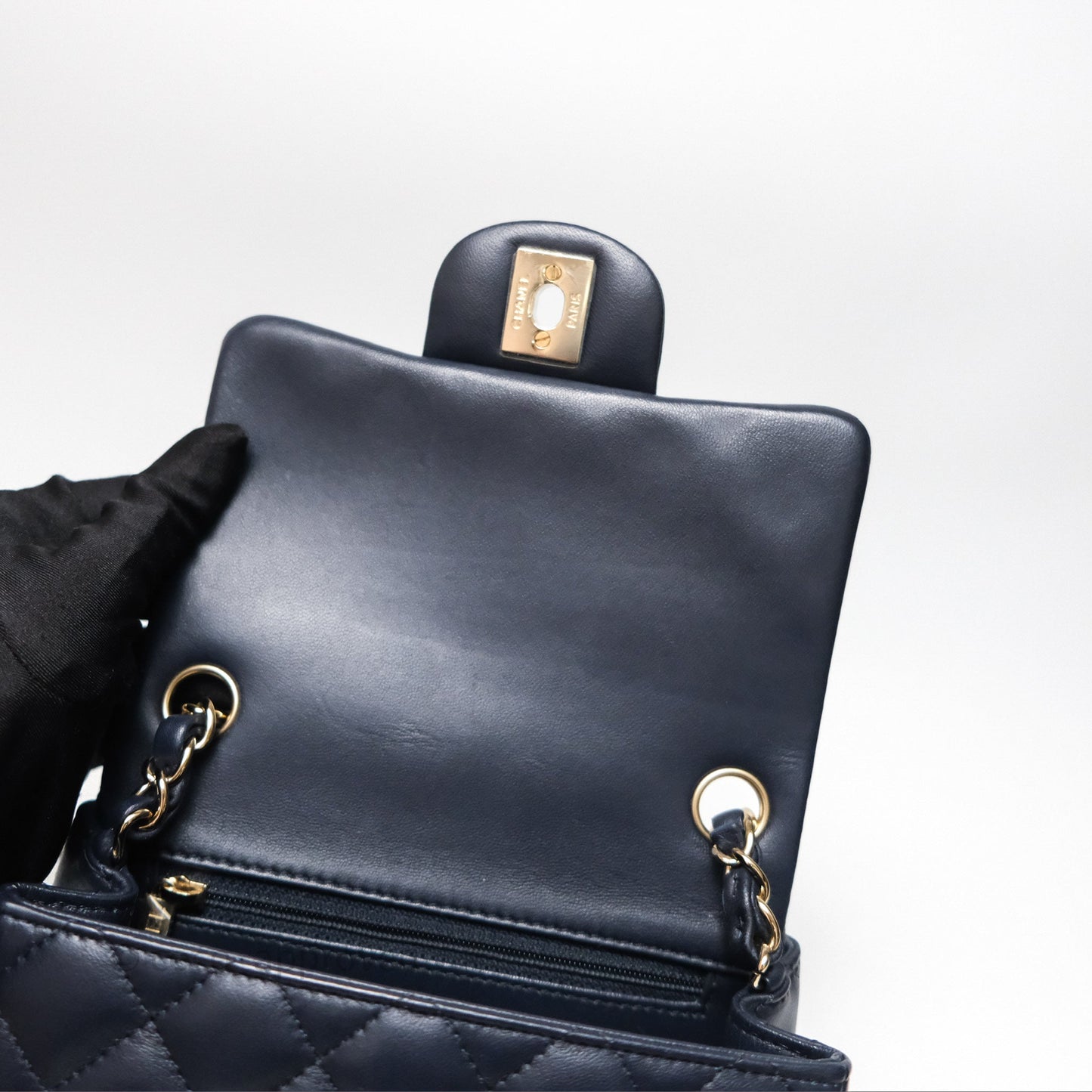 Chanel Mini Square Flap Quilted Navy Lambskin Gold Hardware