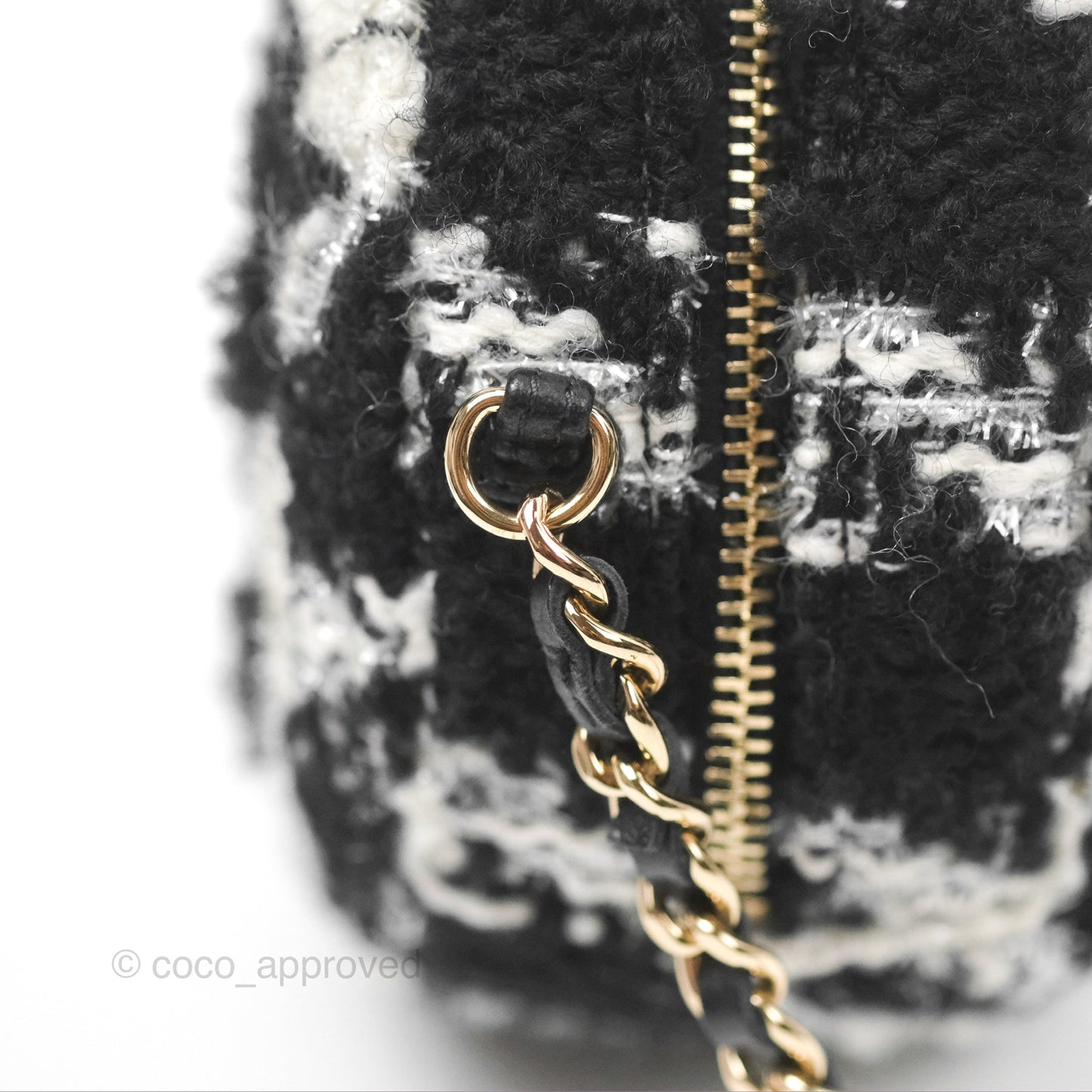 Chanel Shearling CC Round Clutch with Chain & Coin Purse Black & White Houndstooth Tweed