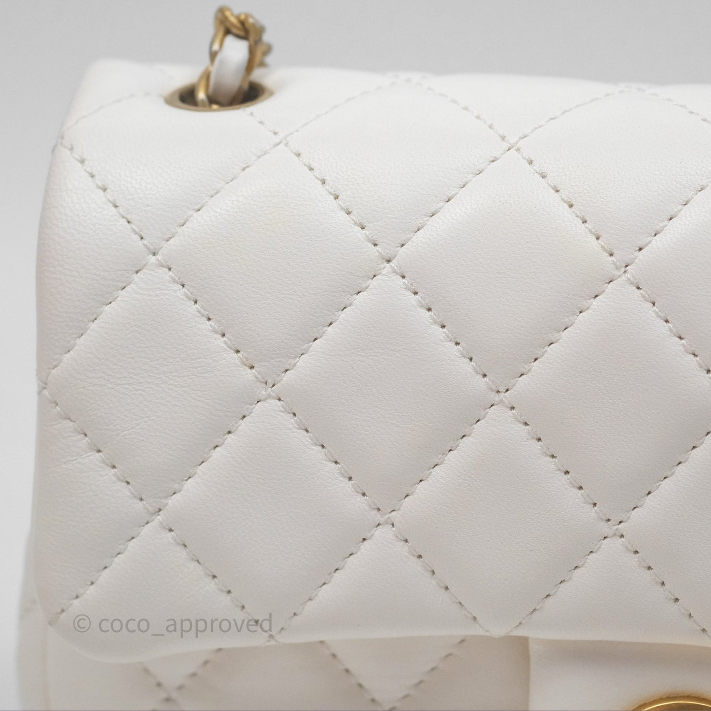 Chanel Mini Rectangular Pearl Crush Quilted White Lambskin Aged Gold Hardware
